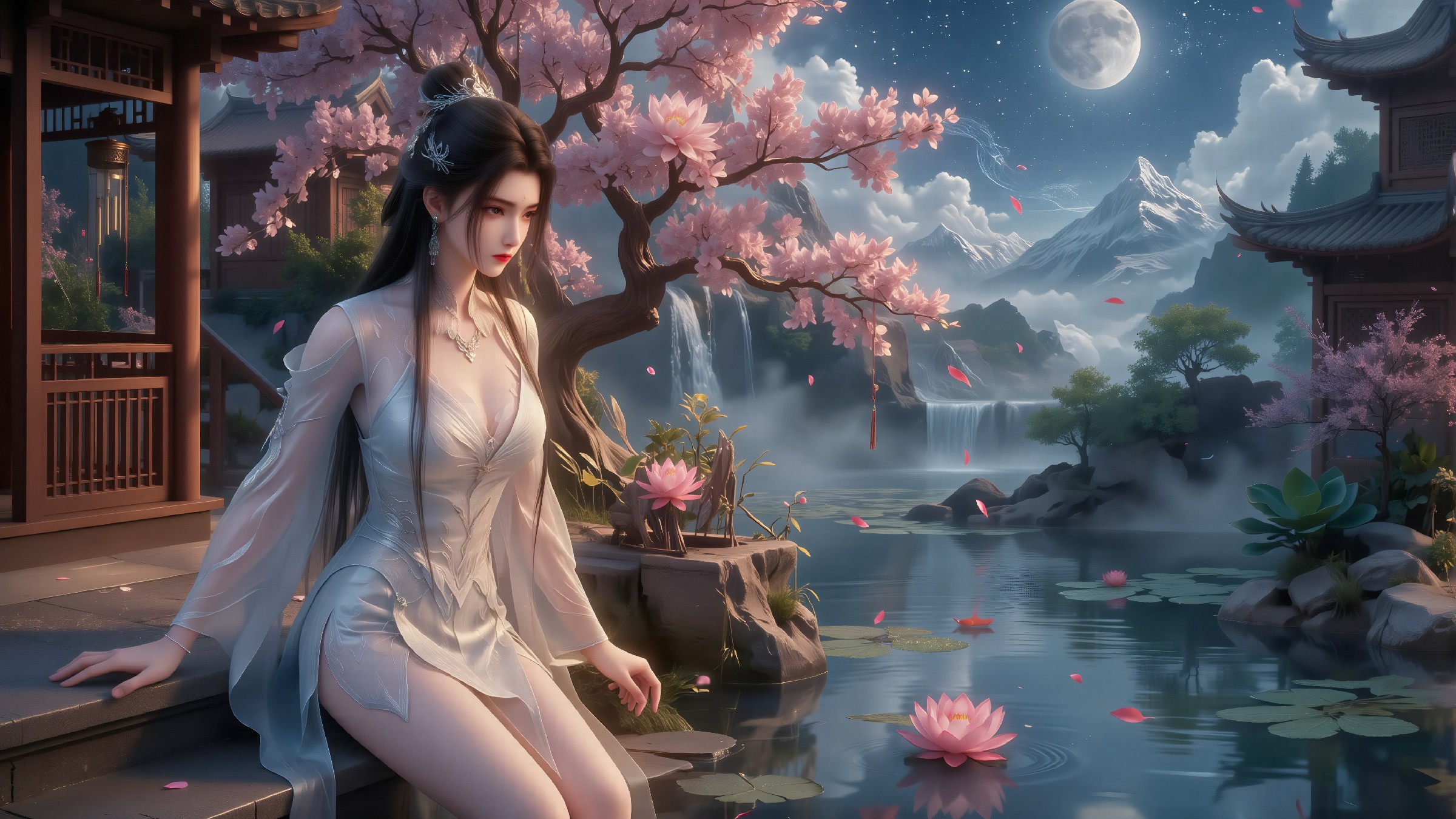 古风美人月下湖畔的梦幻景致