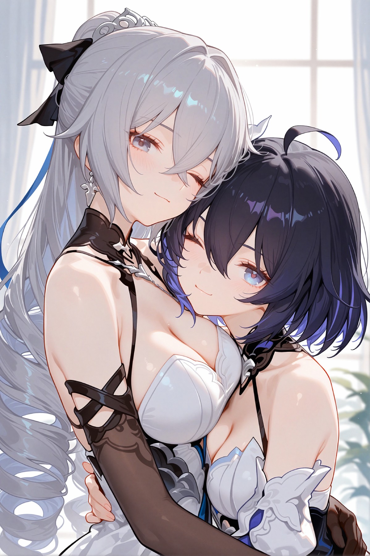 银发蓝发二次元姐妹的甜蜜相拥瞬间