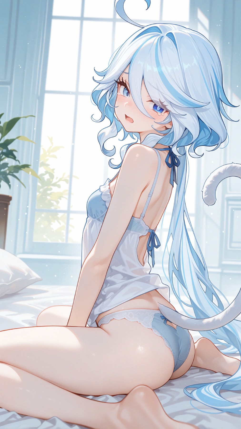 梦幻蓝发少女的惬意时光