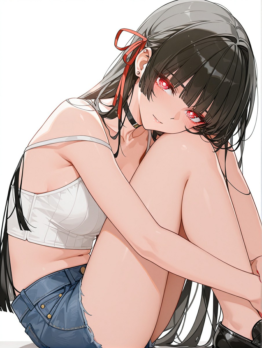 黑发红眸少女抱膝独坐，清冷氛围感直接拉满