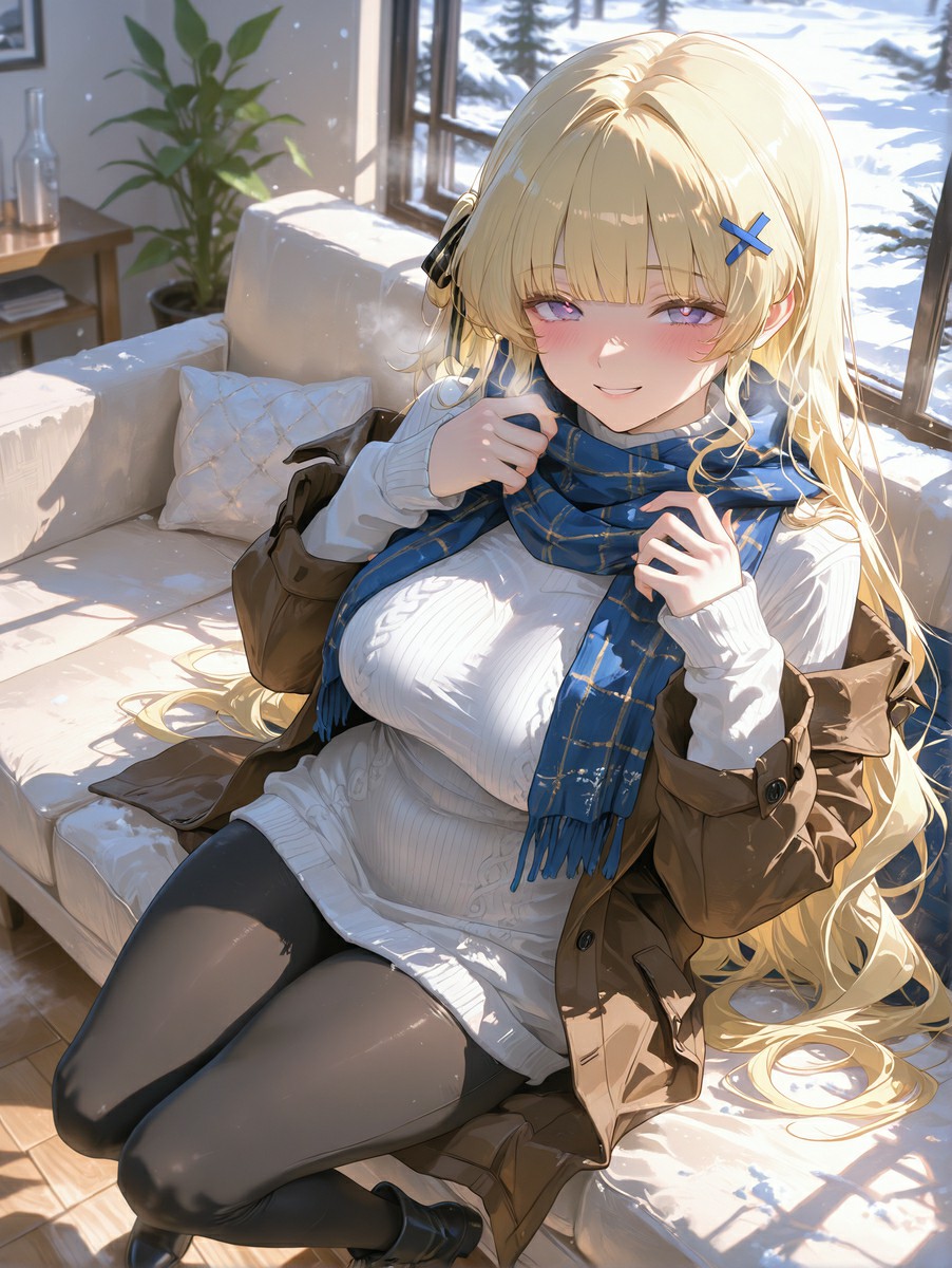 雪天室内的金发少女温暖穿搭
