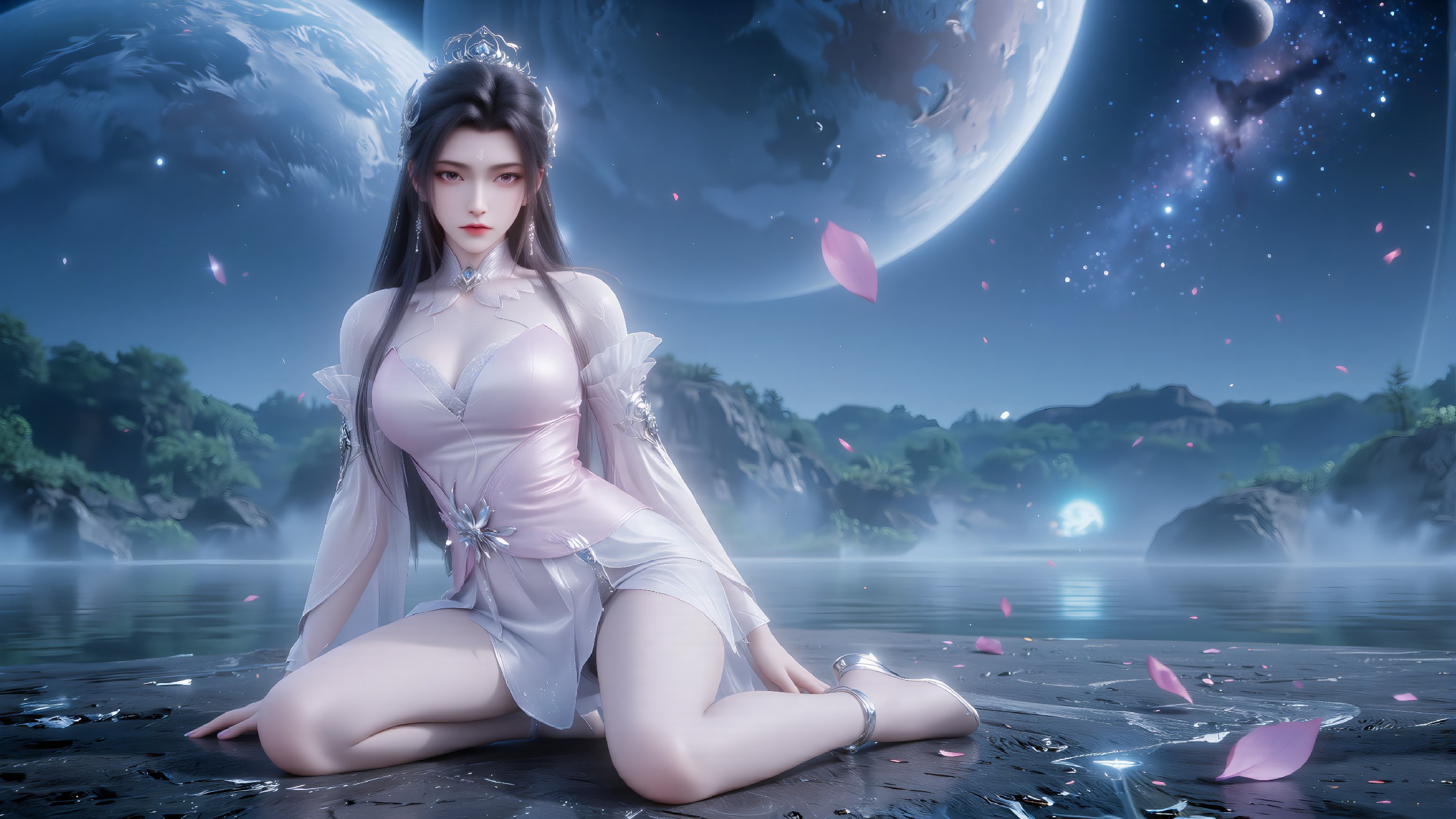 月夜湖畔仙侠美人,梦幻氛围感拉满