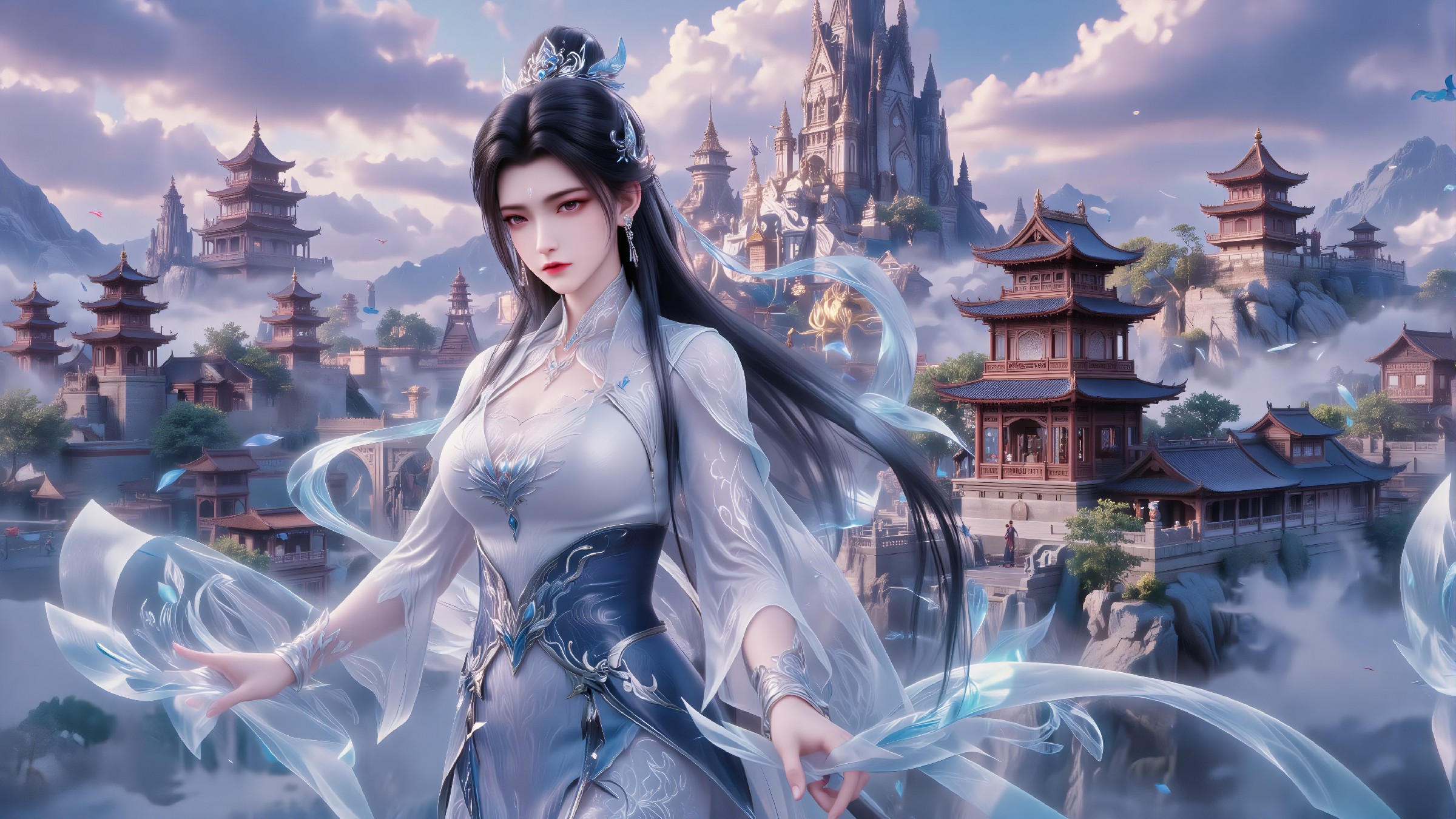 云巅仙城隐雾，白衣神女携清辉踏风而来