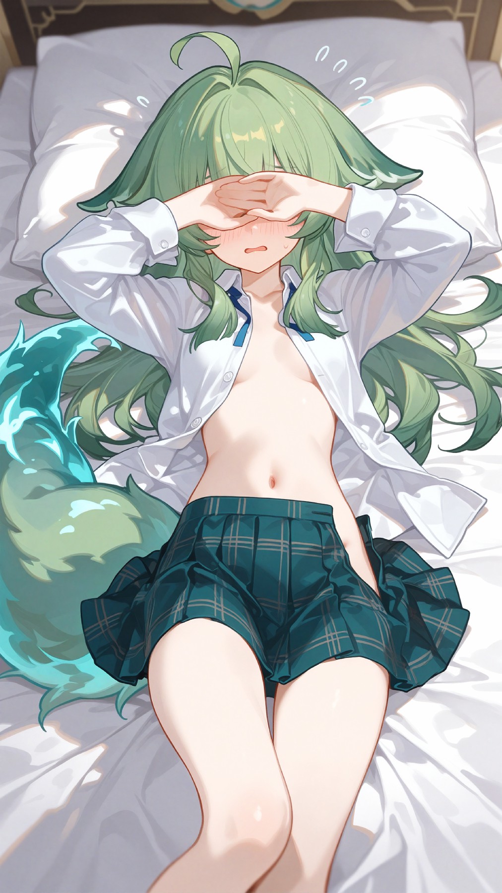 捂眼害羞的绿发少女，可爱到心化