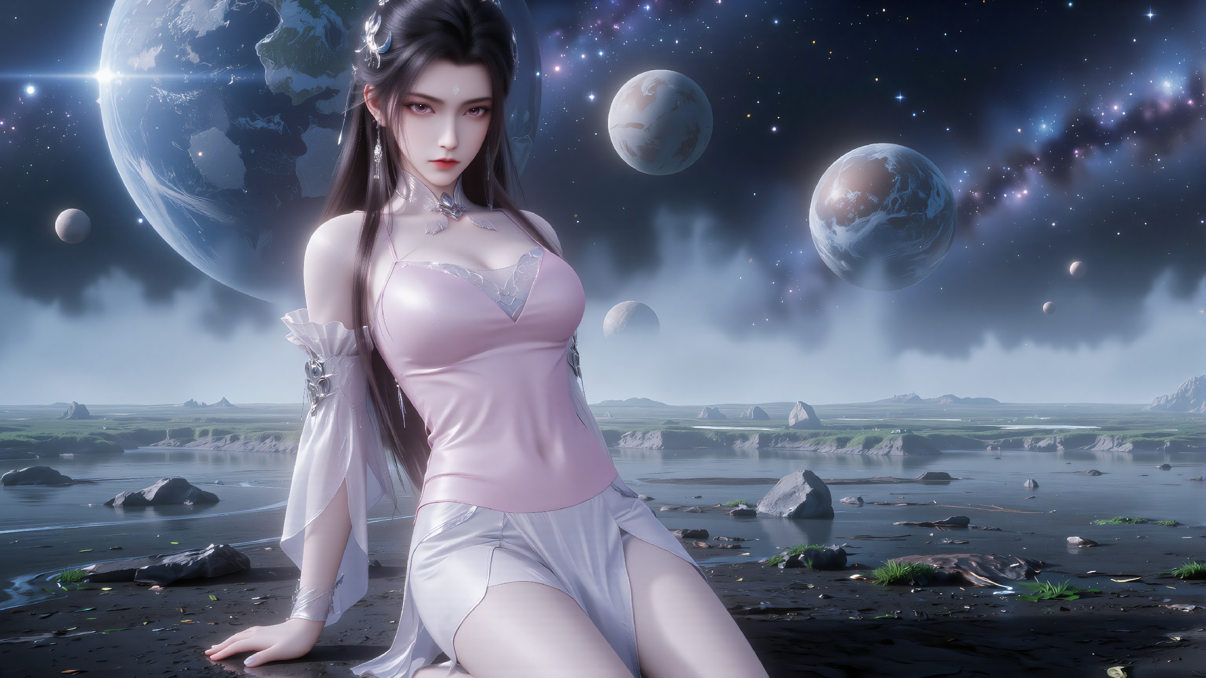 星际湖畔的粉衣古风科幻美人写真