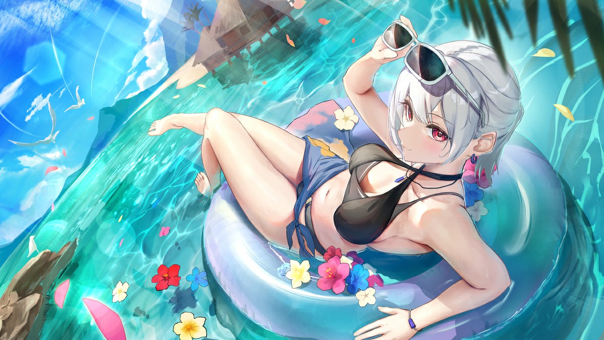 夏日泳池充气圈上的泳装少女