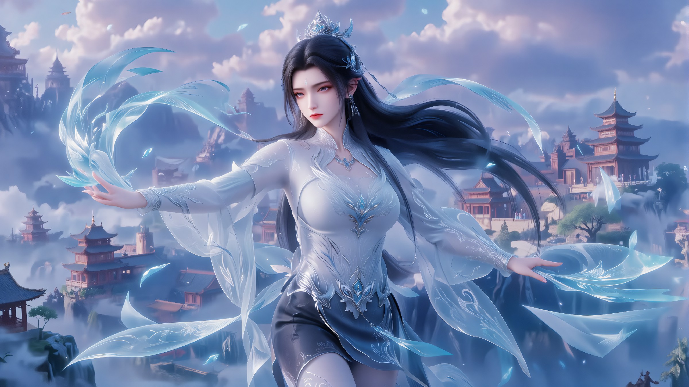 古风仙侠仙子，冰蓝特效氛围感拉满