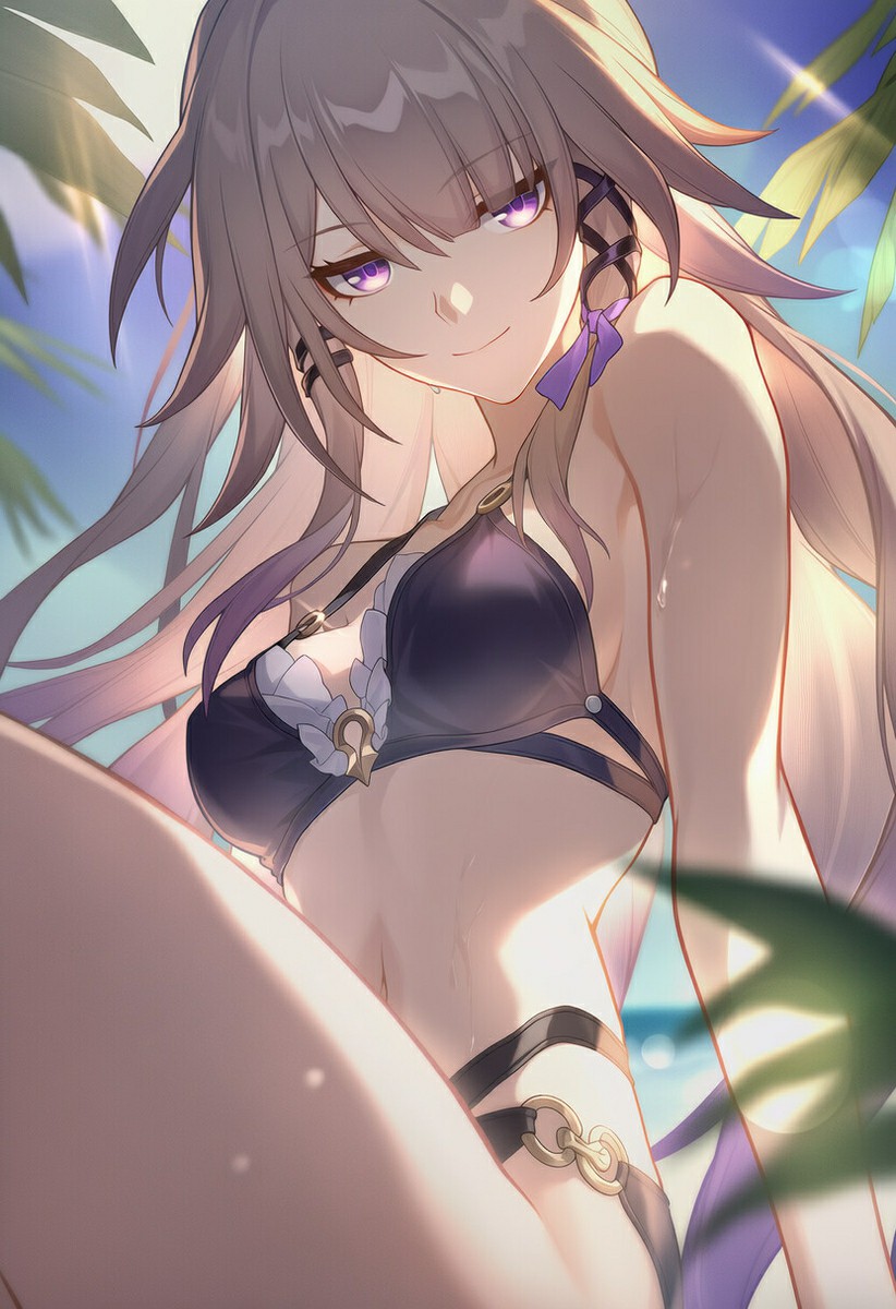 二次元泳装美少女，阳光绿植下的夏日风情