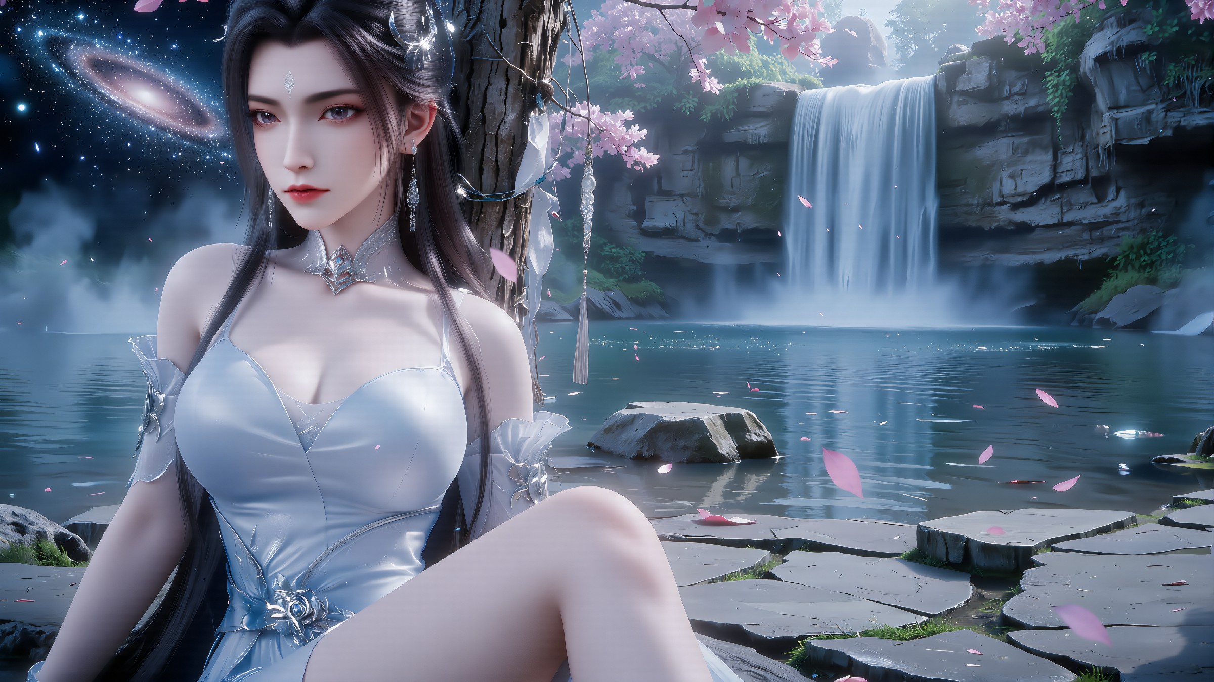 古风仙子邂逅樱花瀑布秘境