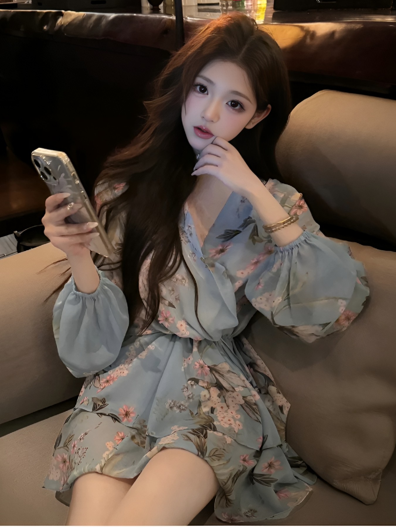 浅蓝色碎花裙自拍，温柔氛围感拉满