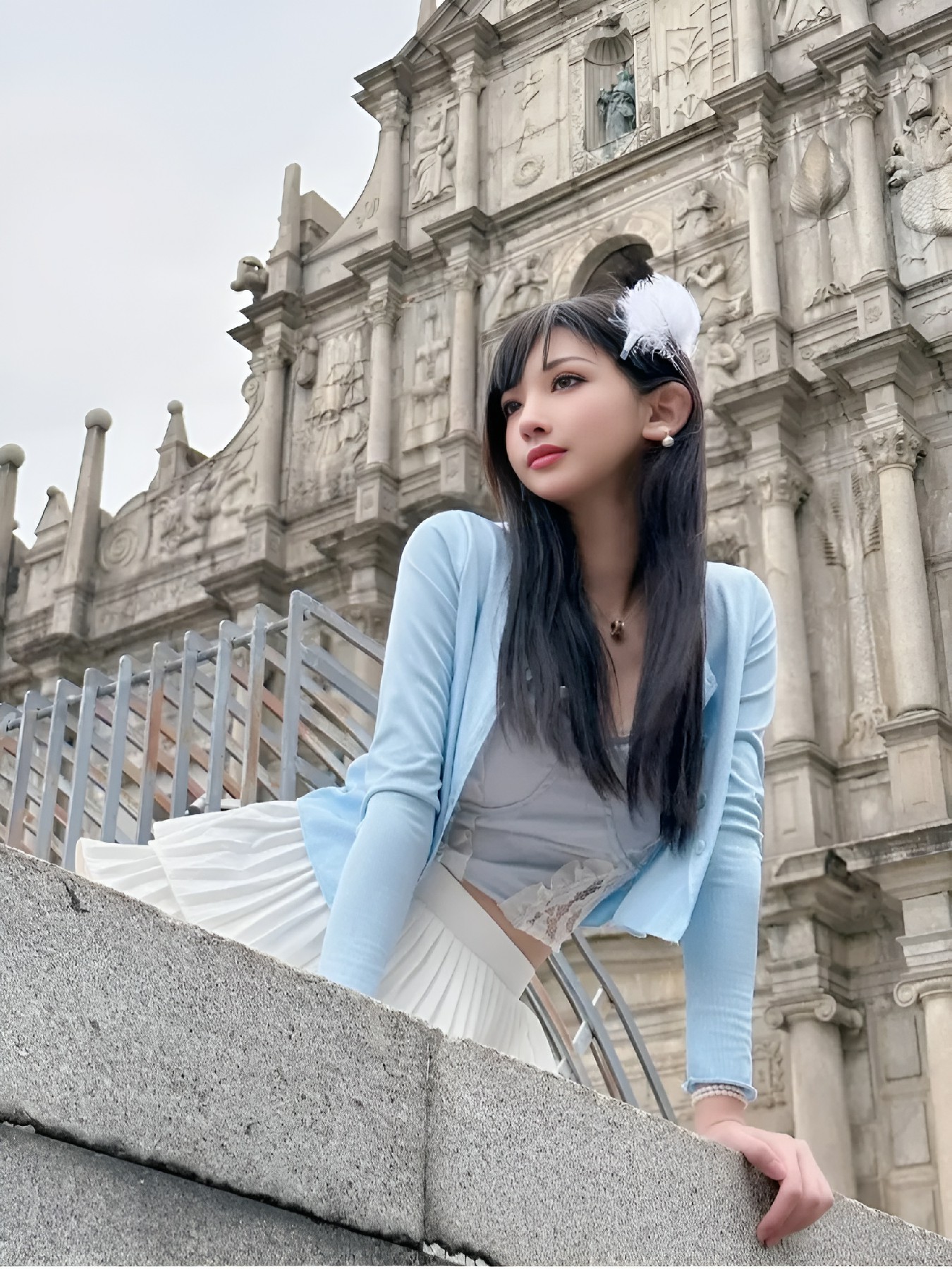 澳门街头的清新甜美风穿搭