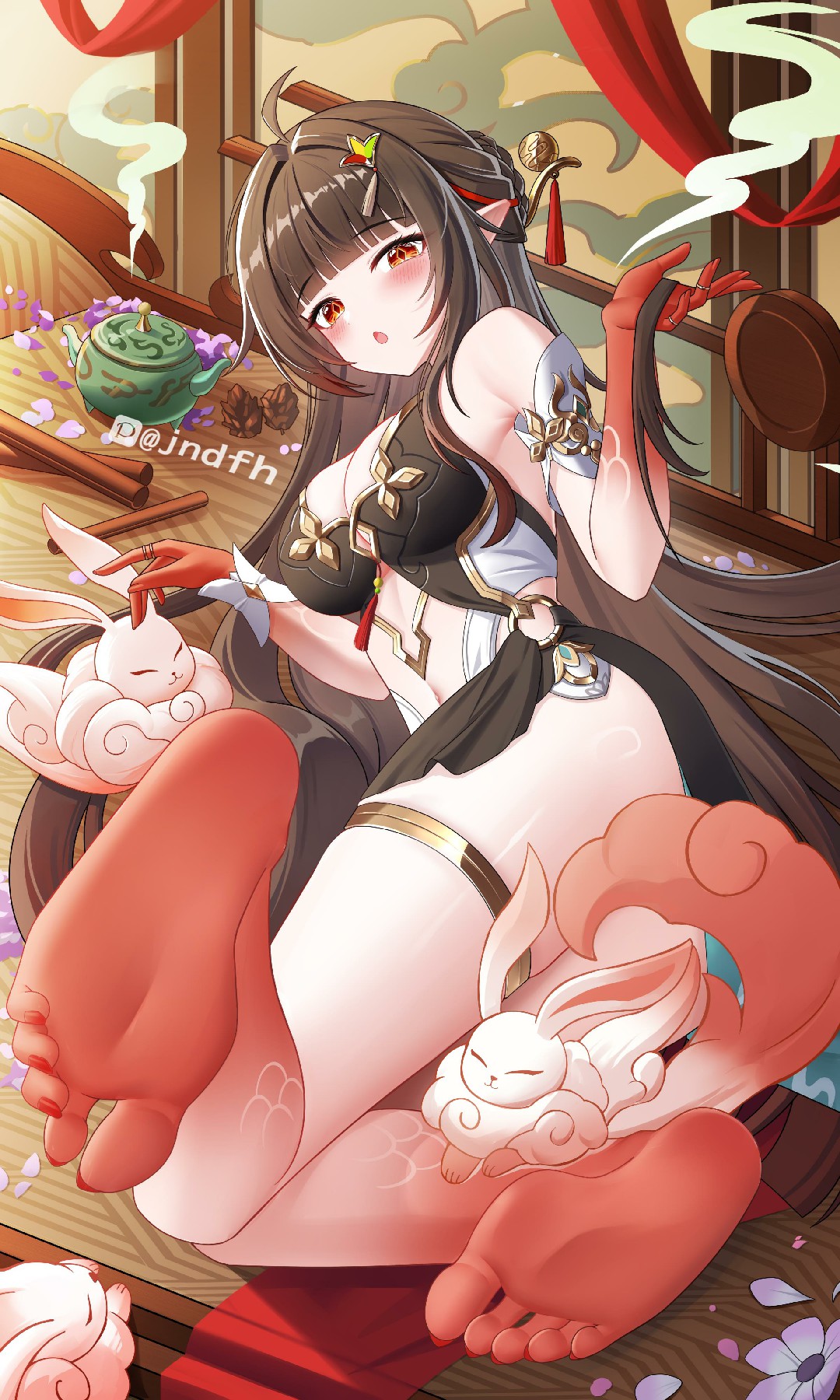 停云闲坐逗玉兔，茶香漫溢雅致时光