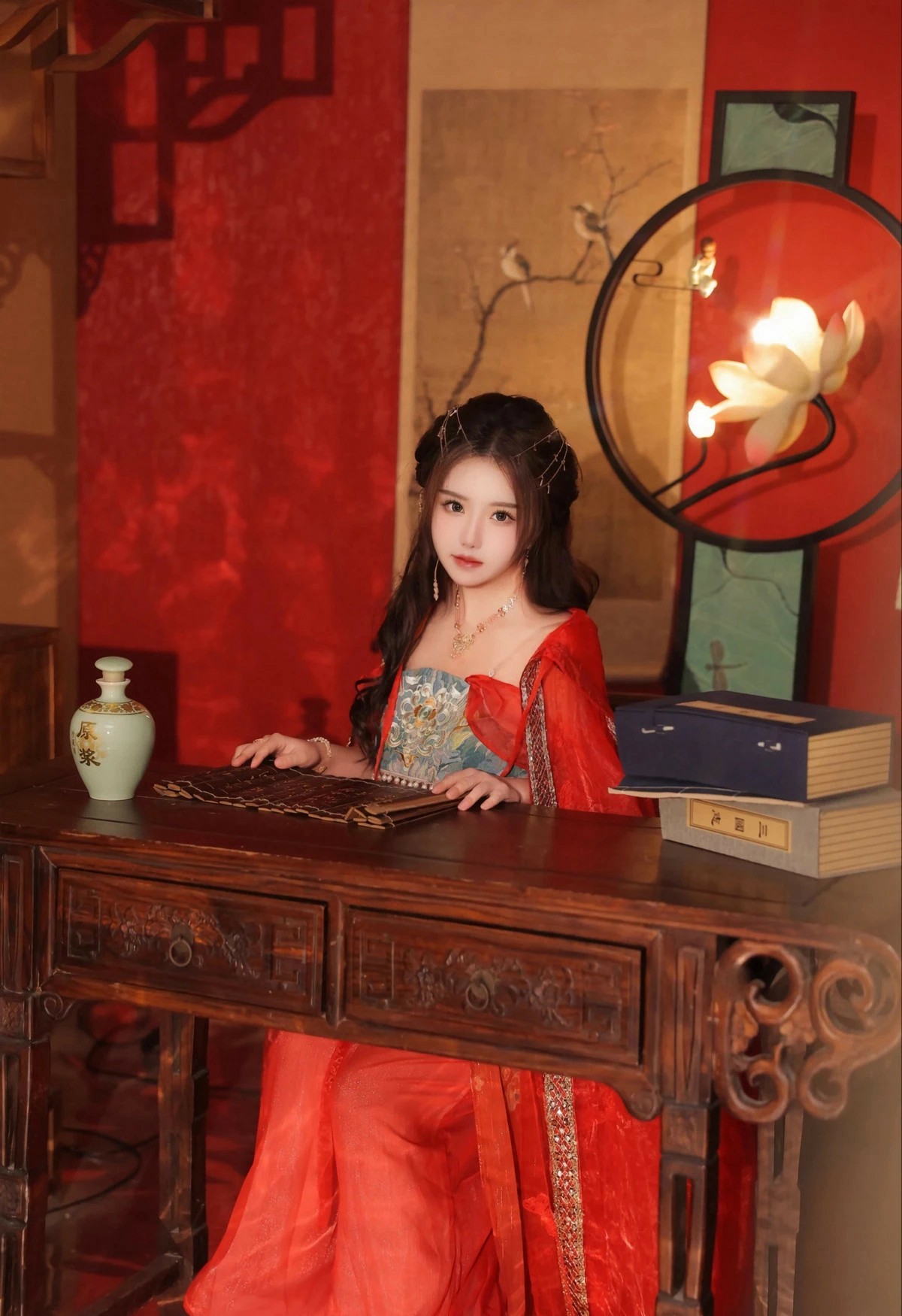 红衣佳人抚琴 古韵书房氛围感拉满