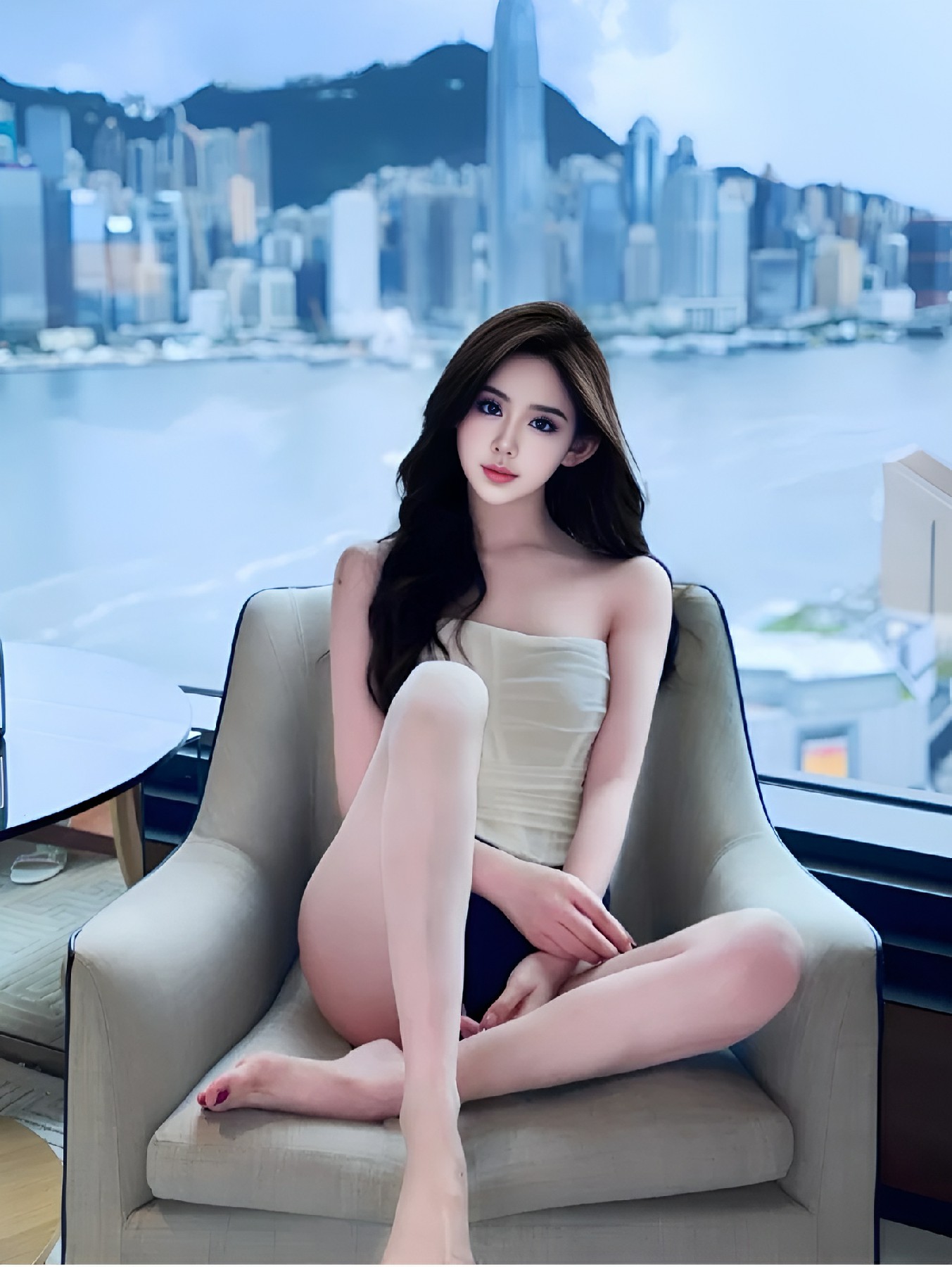 香港都市景观前的光腿美照