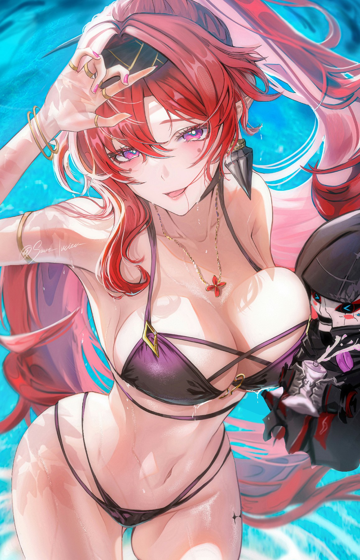 泳池红发泳装御姐 魅惑气场直接拉满