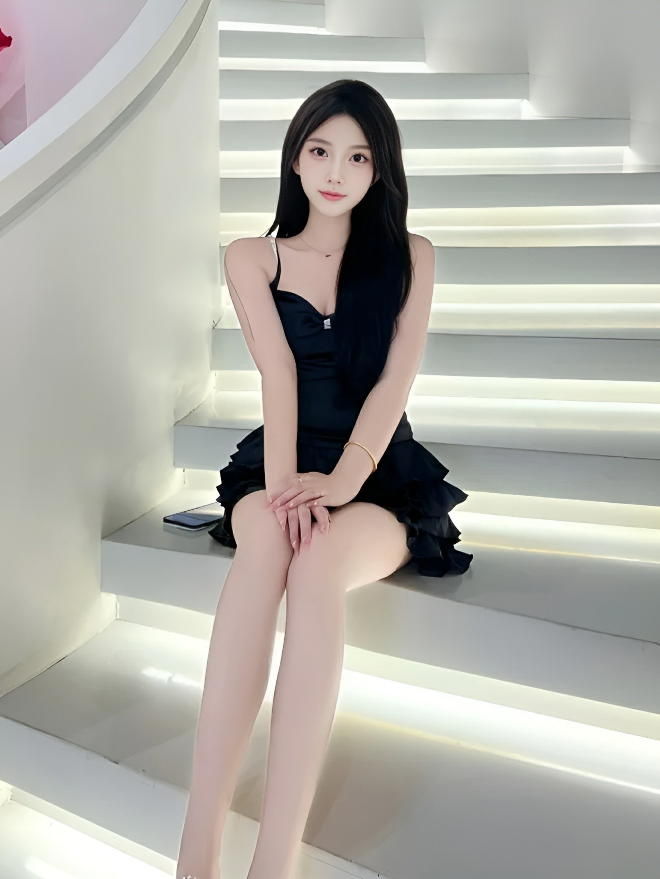 黑色吊带裙|楼梯间极简风拍照太绝了