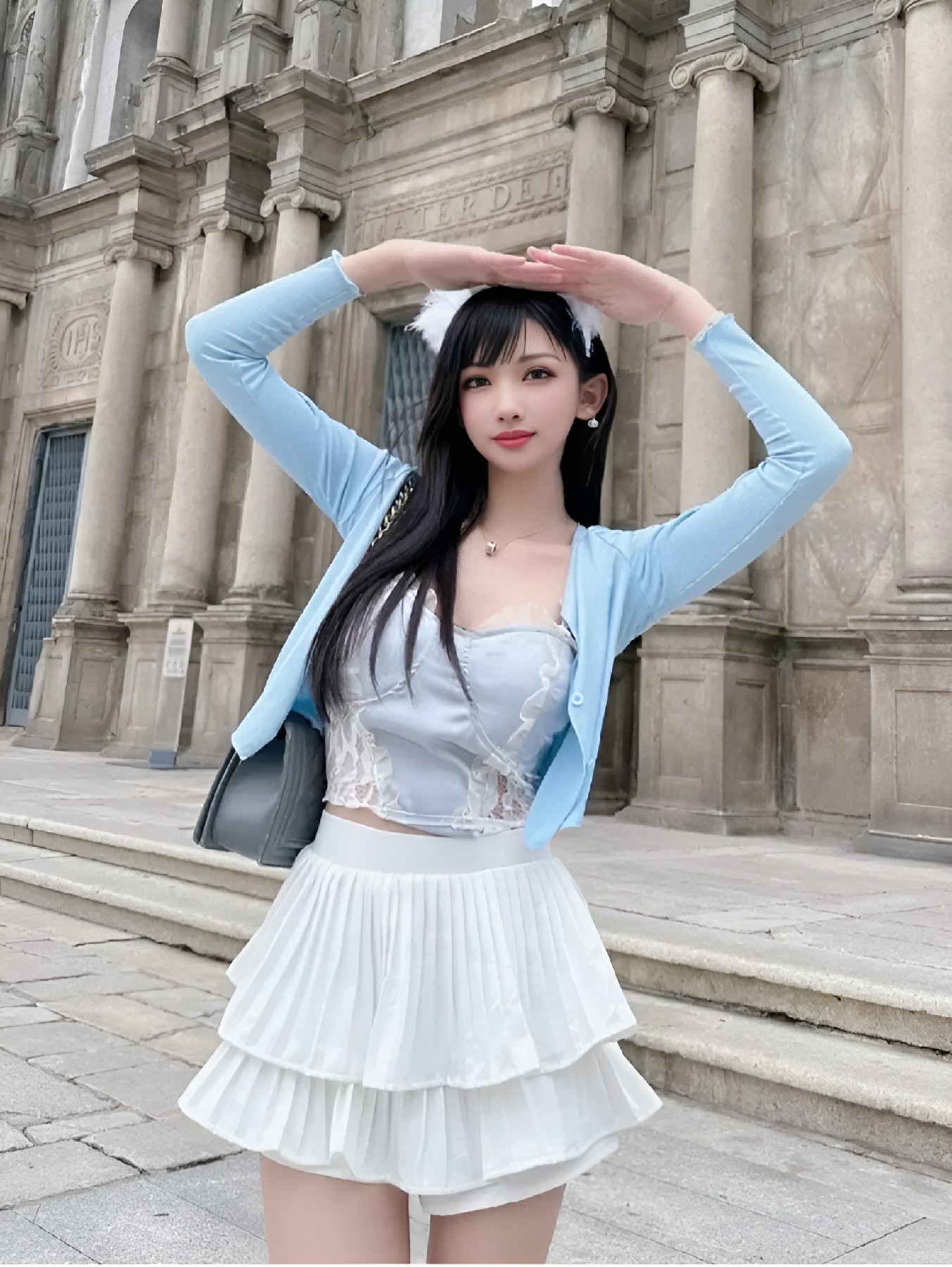 蓝白穿搭，邂逅欧式建筑的浪漫