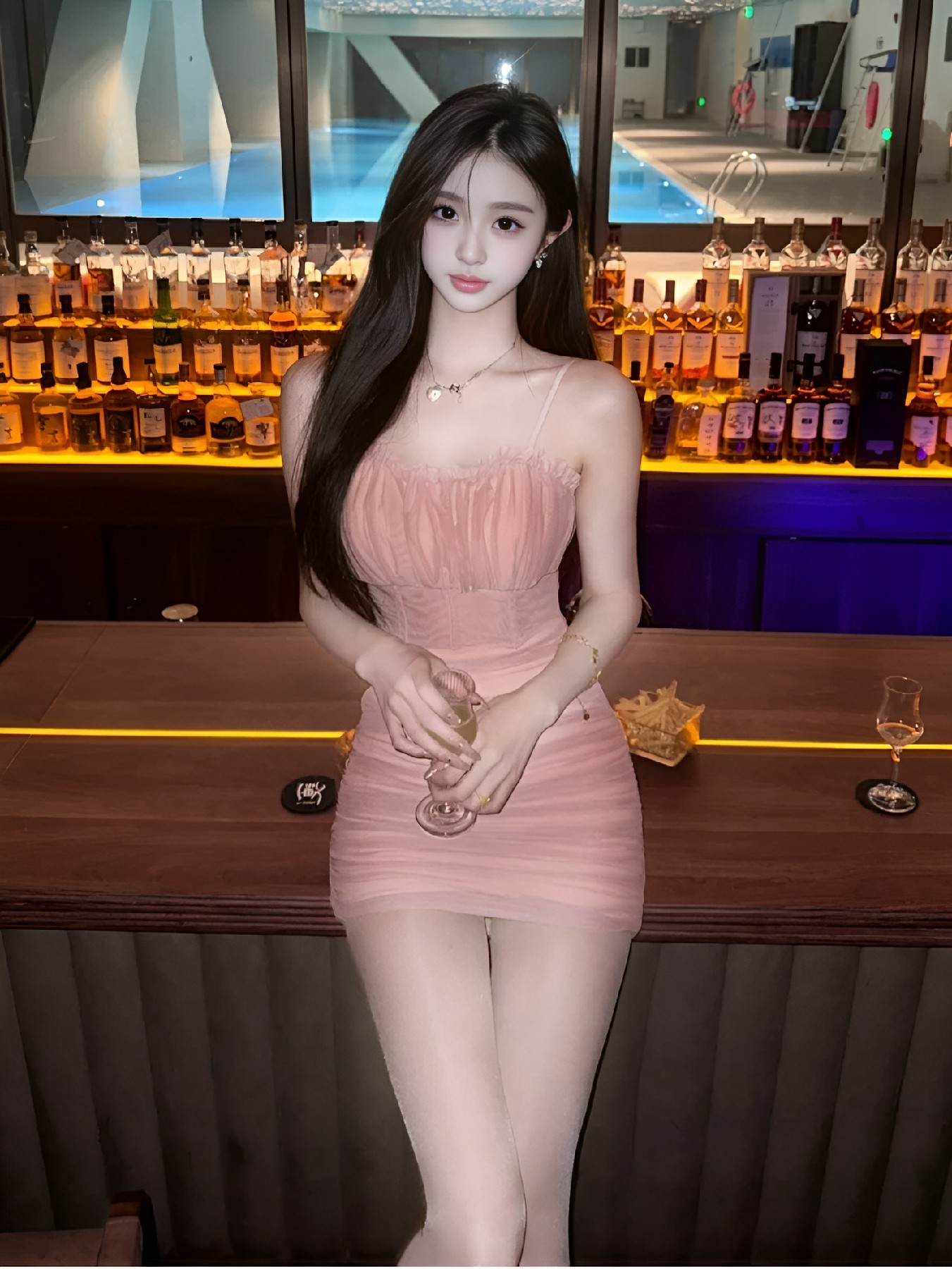 酒吧粉色吊带裙氛围感穿搭分享