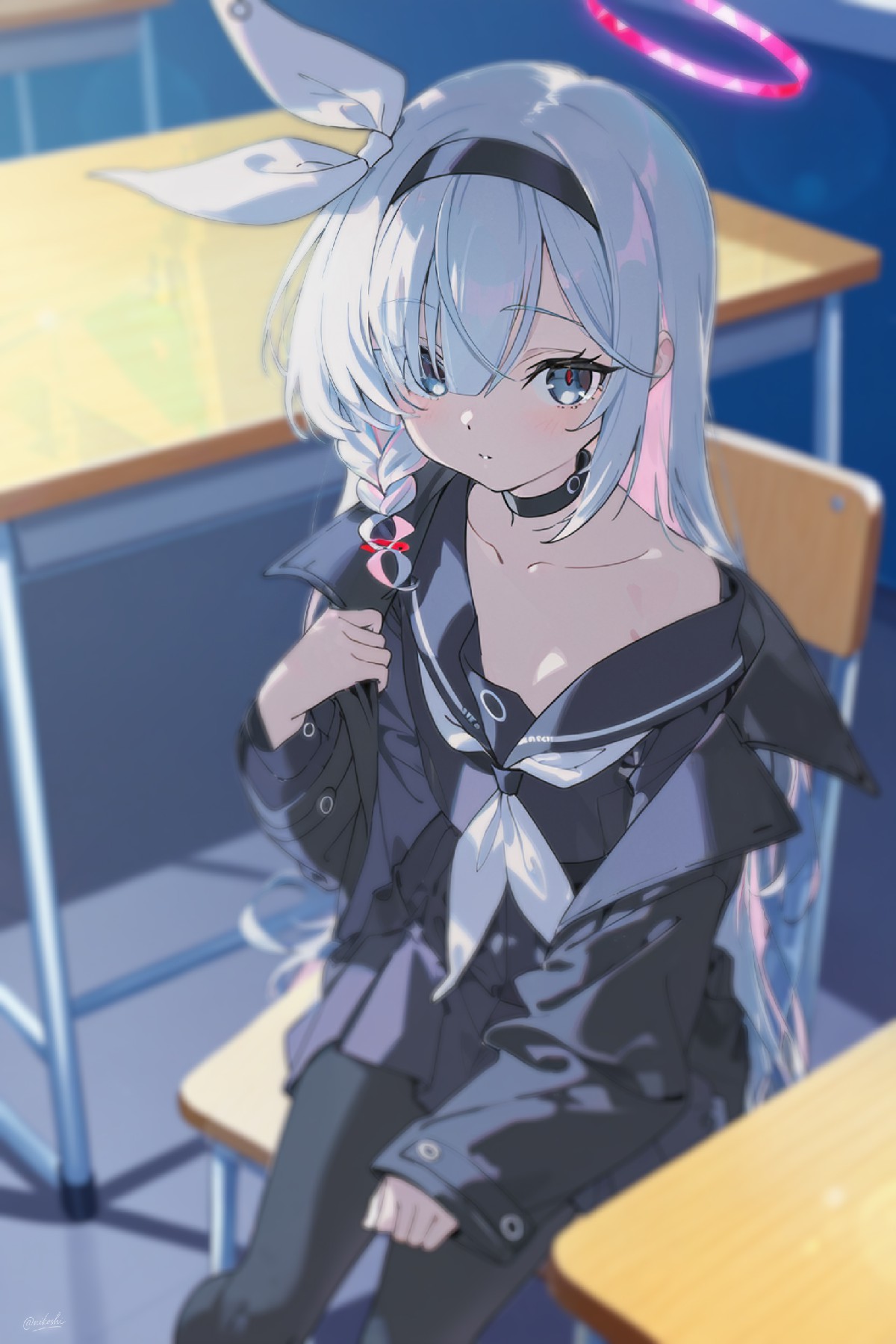 教室窗边的银白兔耳JK少女