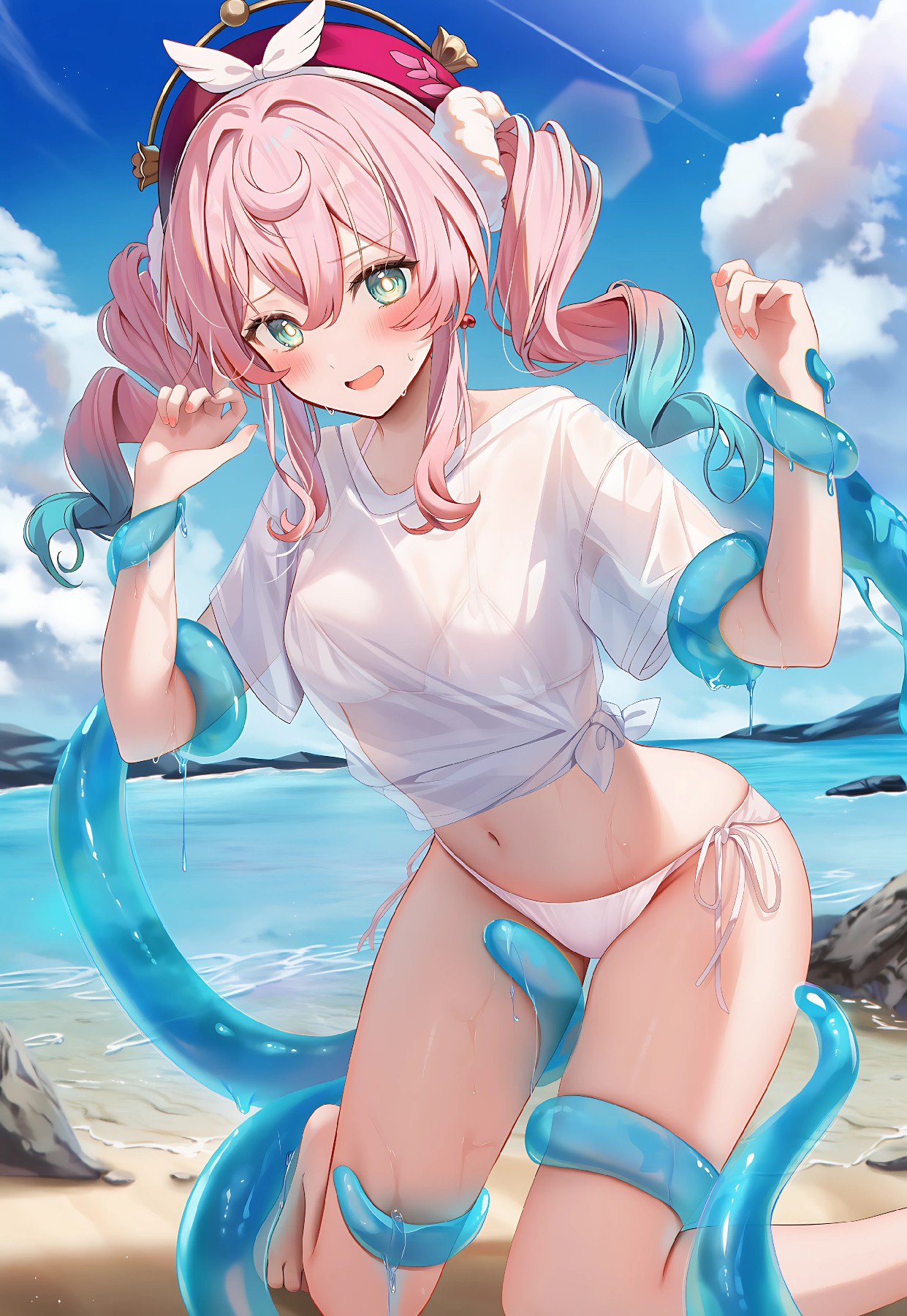 夏日海滩黏黏少女，粉色双马尾超治愈！