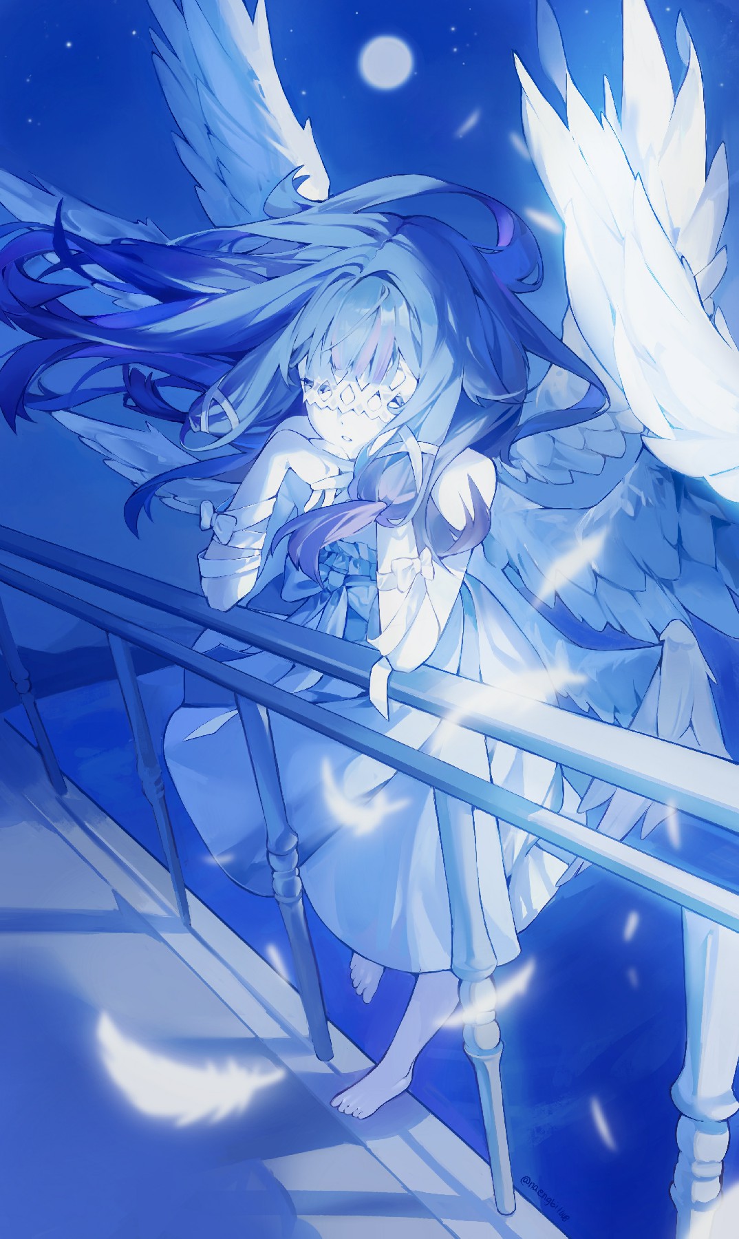 月夜蓝发羽翼少女的忧郁凝望