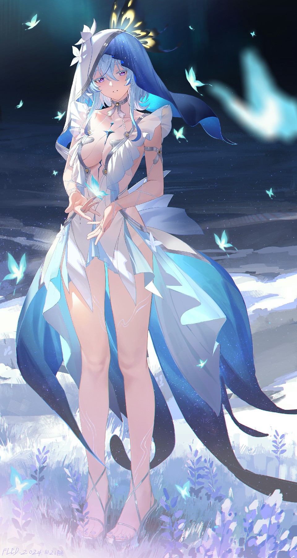 蓝白蝶翼少女 二次元唯美梦幻插画