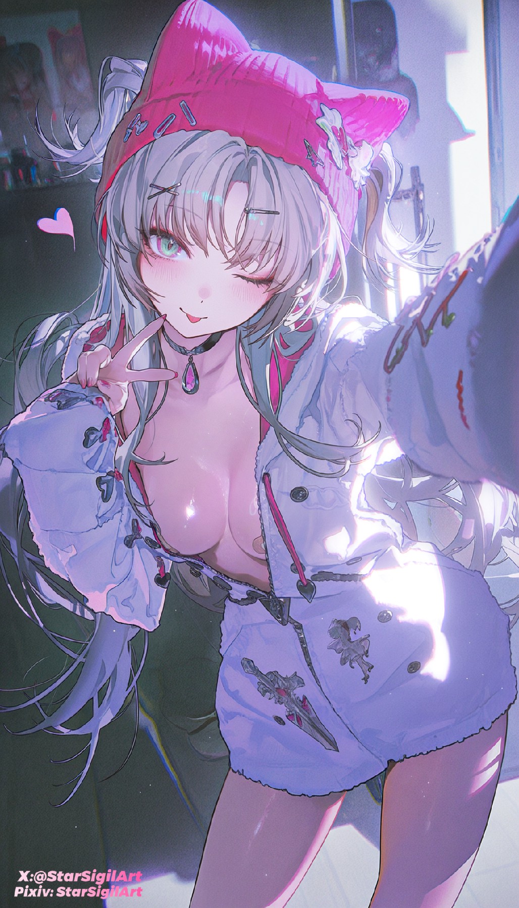 粉色猫耳帽少女元气自拍太绝了