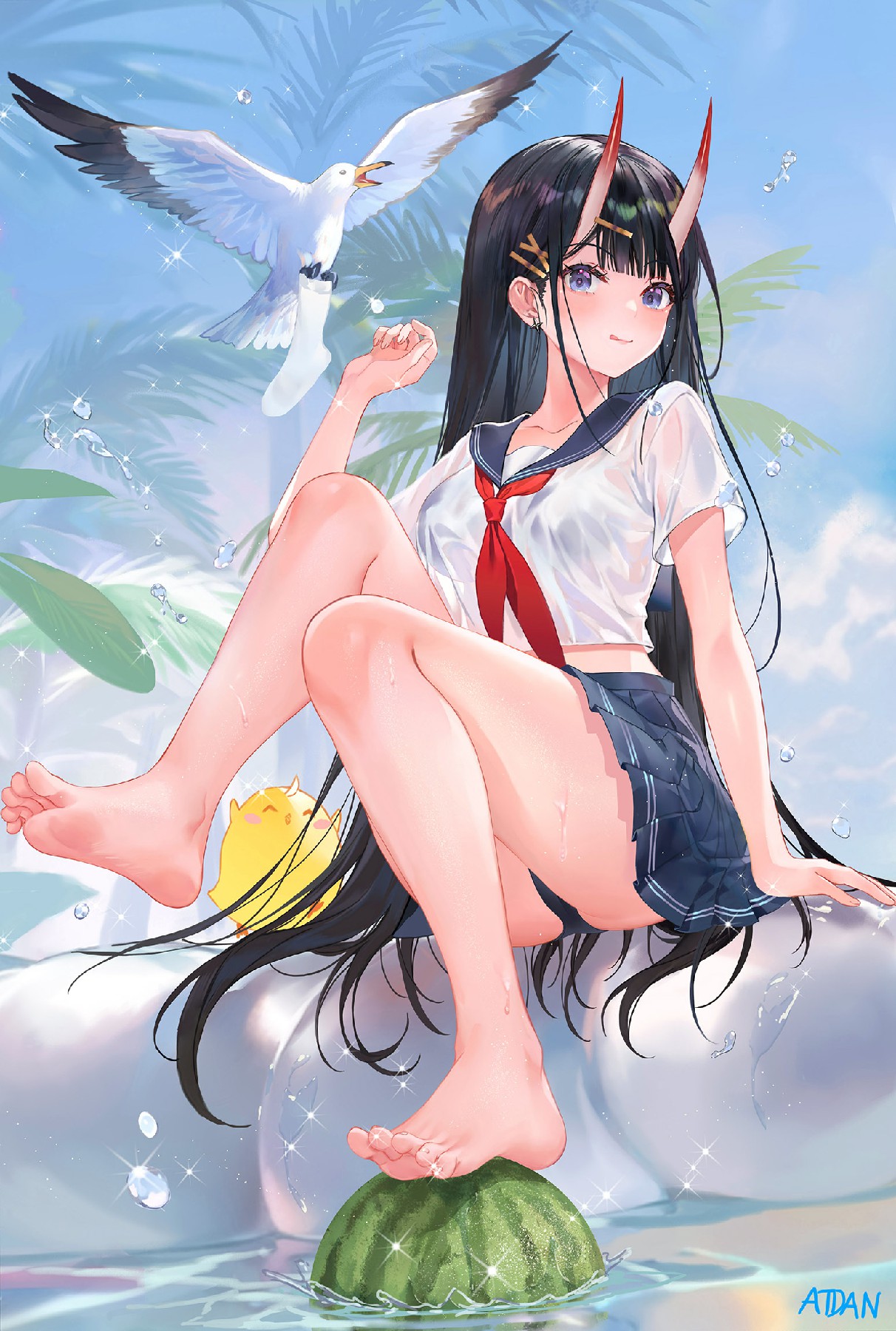 夏日椰林间,水手服角少女的清凉慵懒时刻