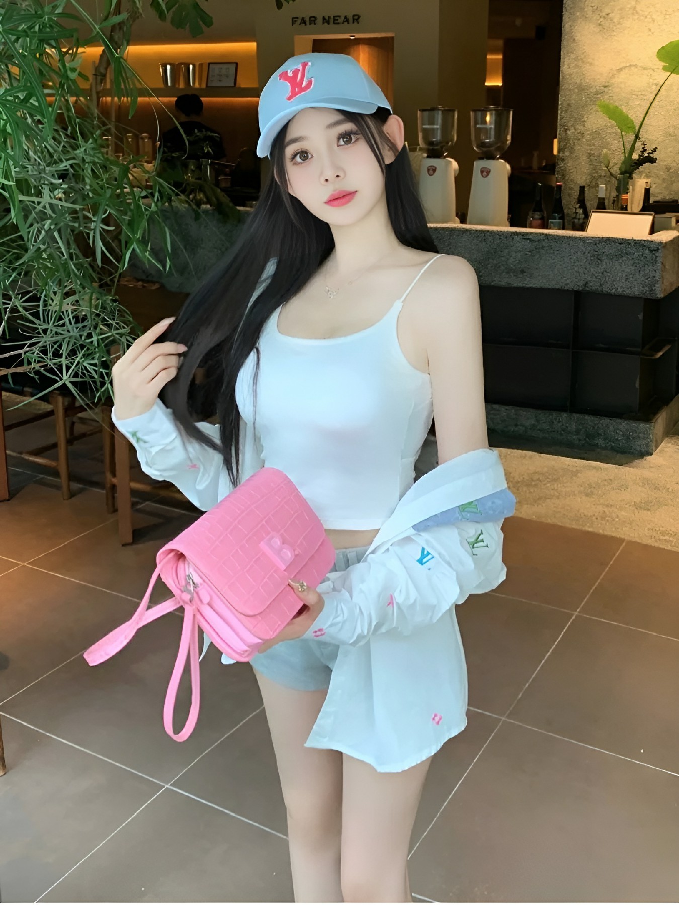 蓝帽白吊带 粉包衬出夏日甜妹感