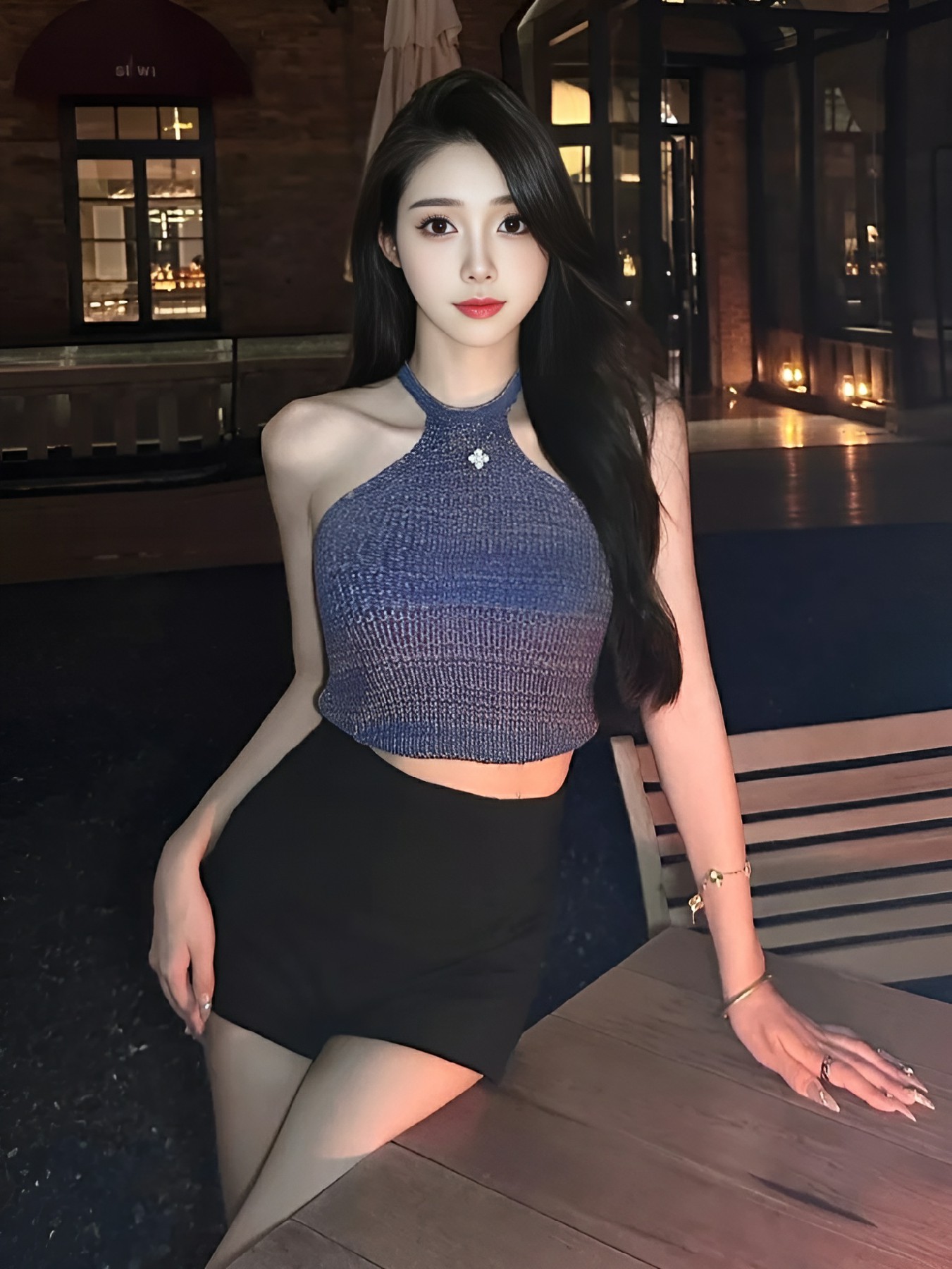 夜晚氛围感穿搭｜蓝挂脖+黑短裤超吸睛