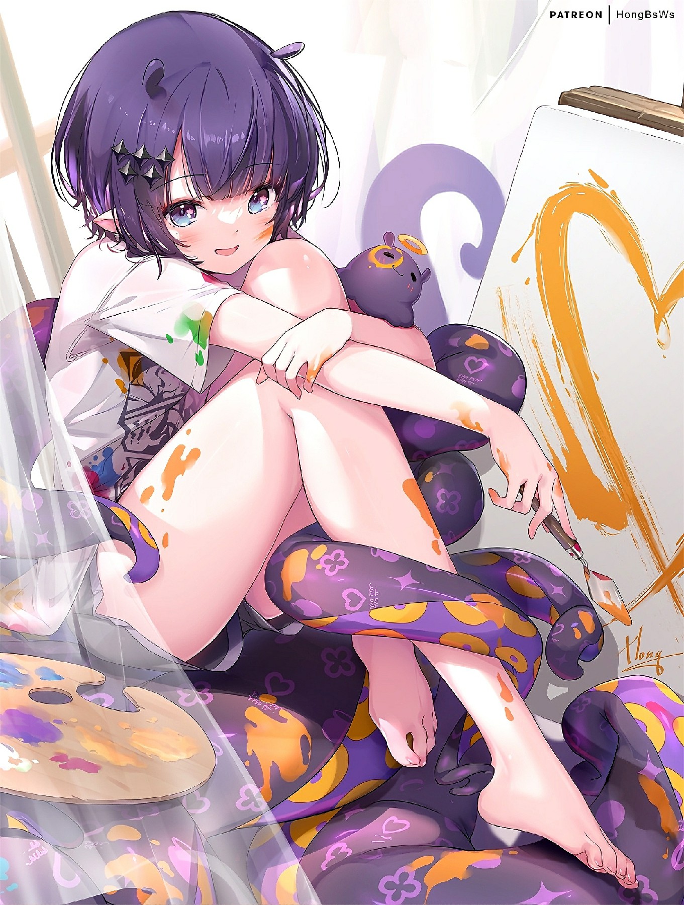 沾满颜料的软萌魔物娘，画室里的治愈瞬间