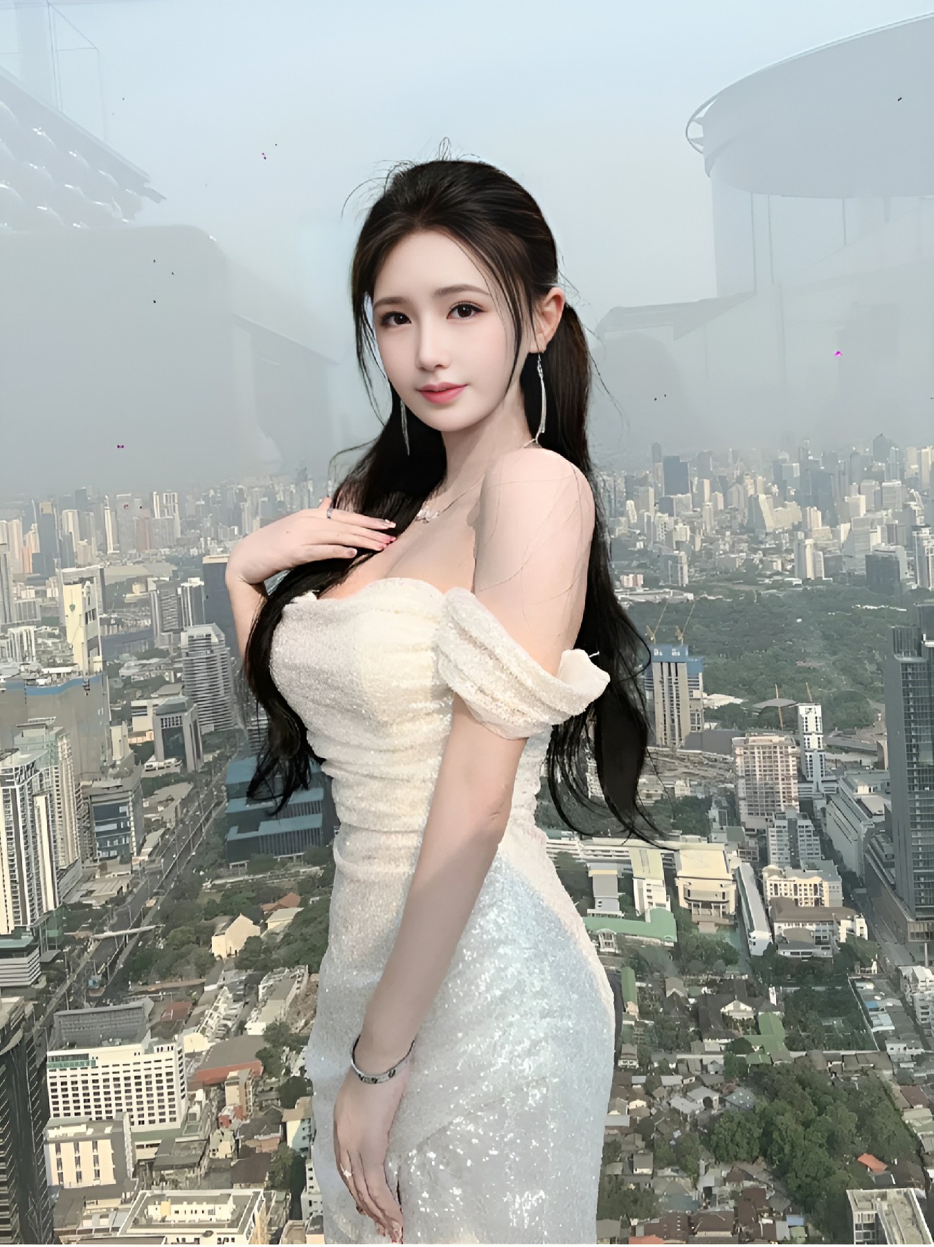 城市天际线前的白色礼服优雅瞬间