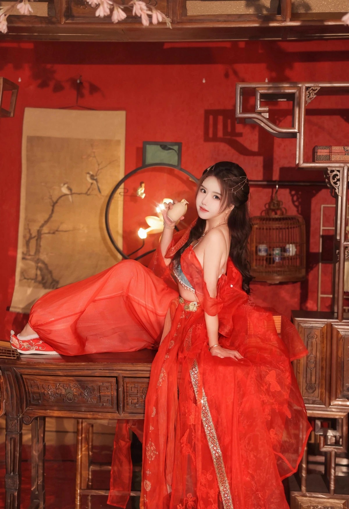 红衣古风美人，中式场景氛围感拉满