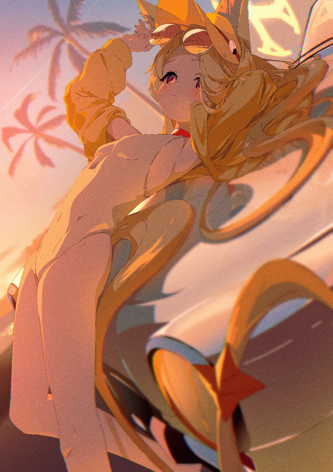 落日椰影下，兽耳少女的慵懒治愈时刻