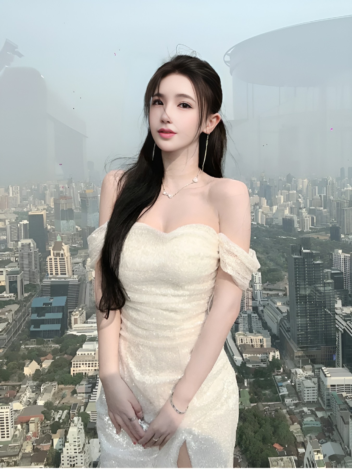 高空城市前的纯白礼服氛围感穿搭