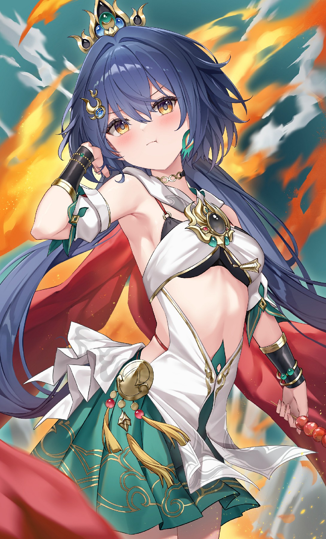 火焰背景里的蓝发华丽二次元美少女