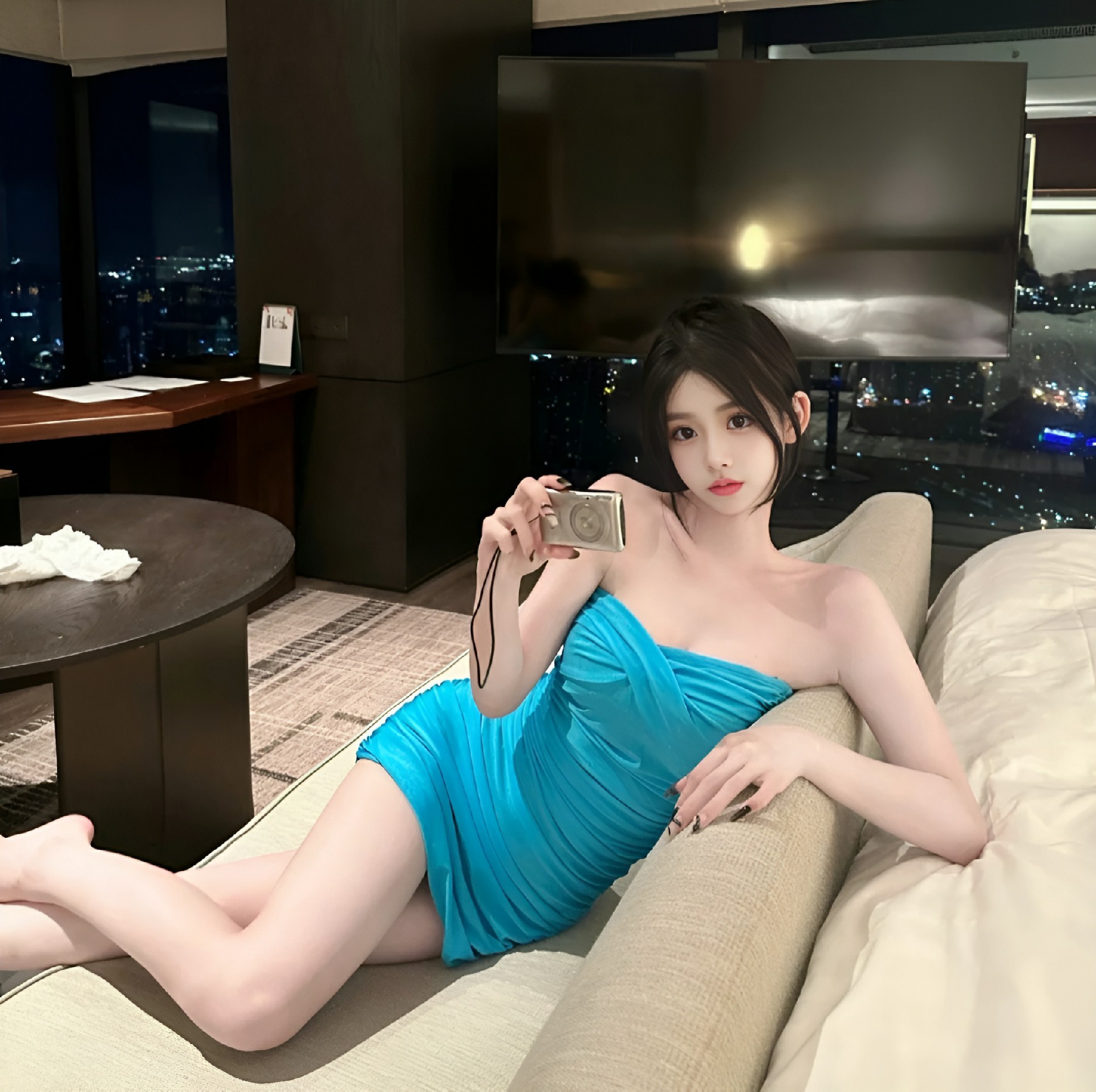 蓝裙酒店夜拍|氛围感拉满的自拍时刻