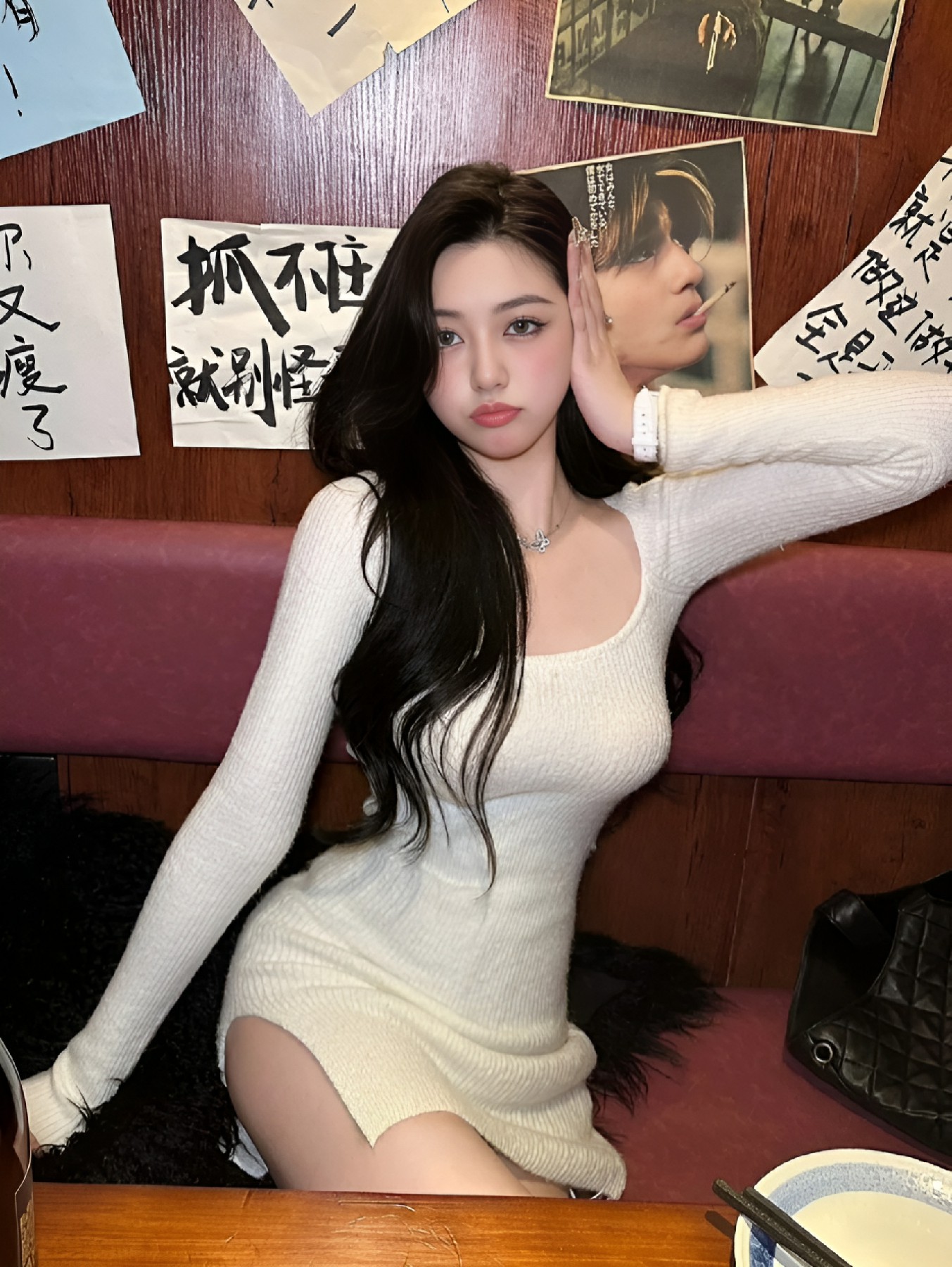 白裙+黑长直|复古餐厅里的氛围感穿搭