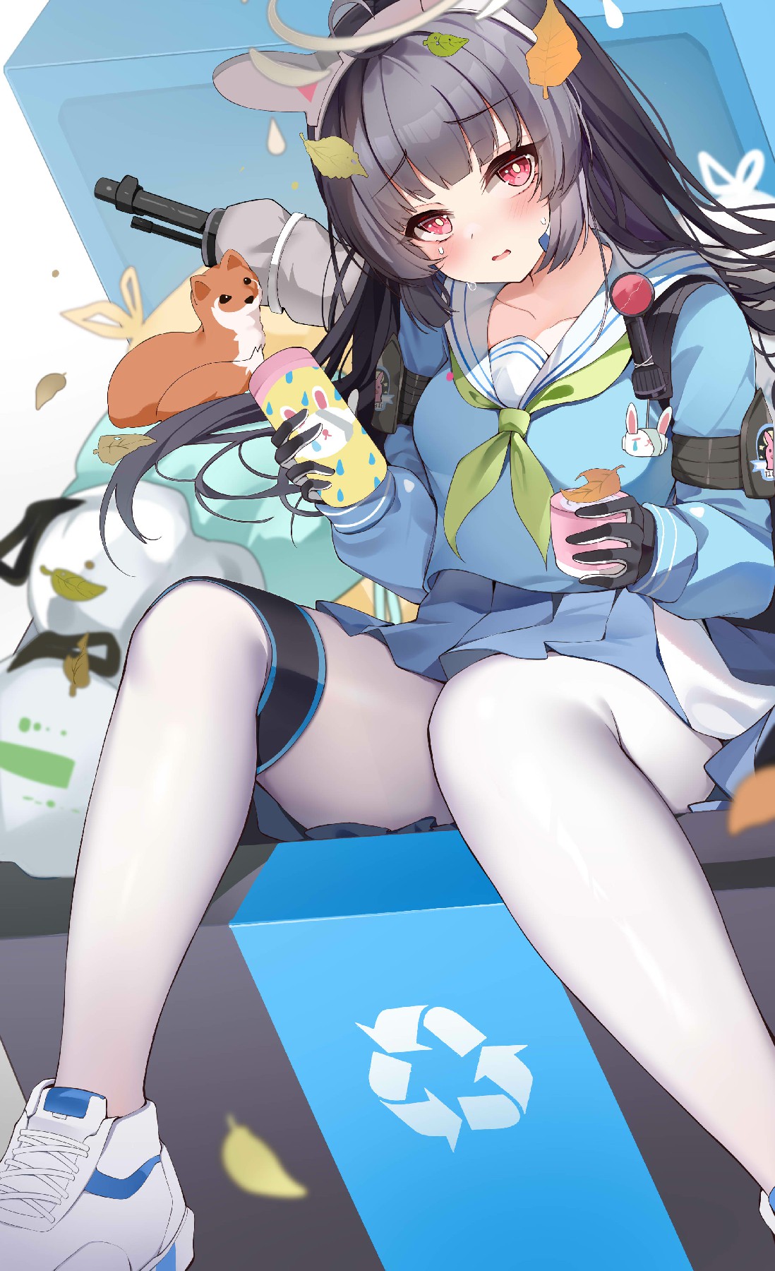 二次元水手服少女与松鼠的秋日邂逅