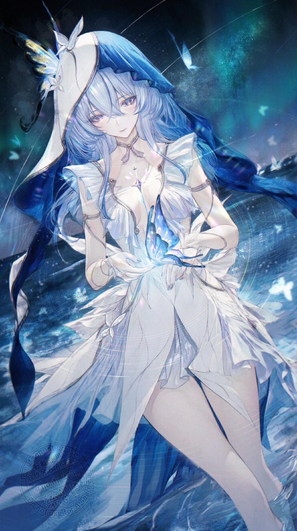 冰蓝蝶影祈梦少女，于粼粼水波中凝光伫立