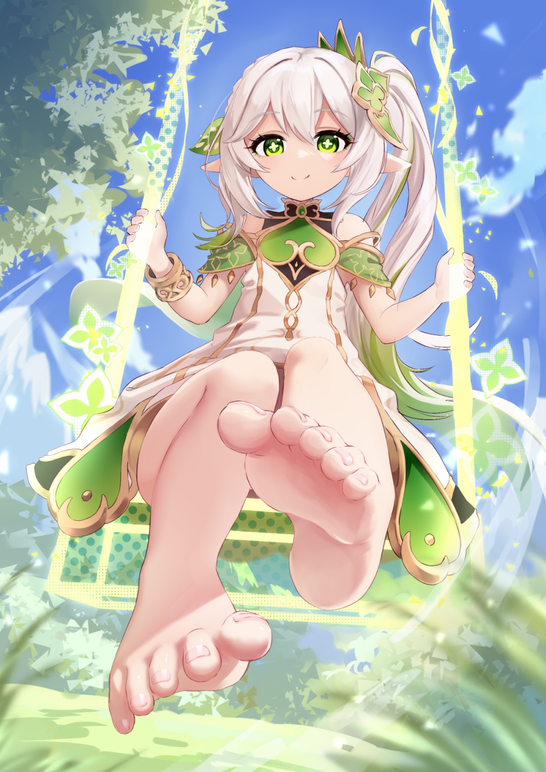 秋千上的精灵少女，绿白裙与可爱脚丫