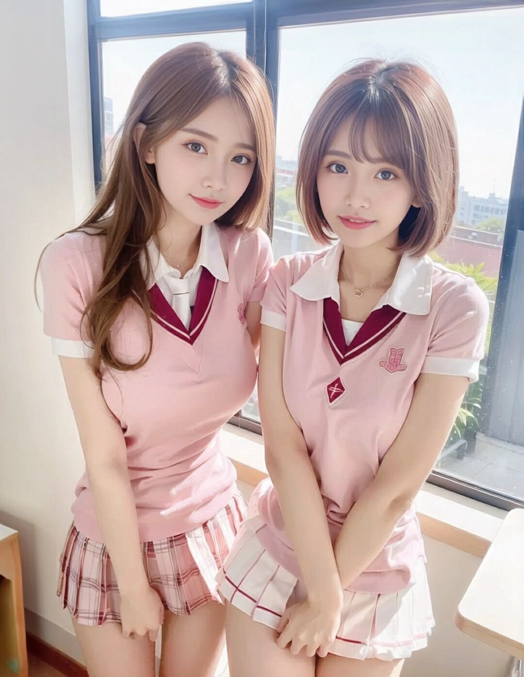 和闺蜜的粉色制服合拍 元气清甜感直接拉满