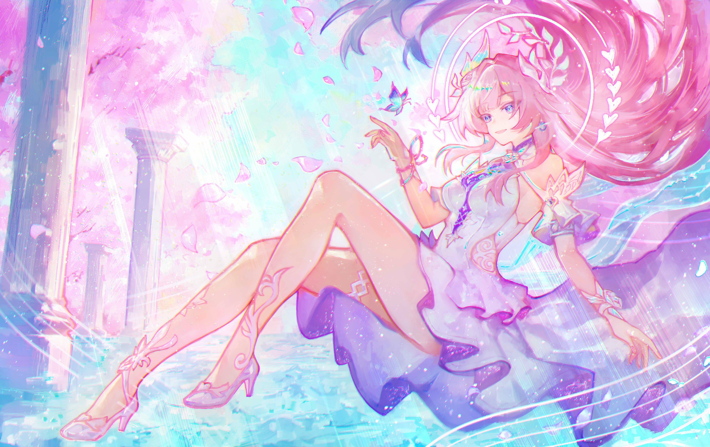 粉发神女栖于幻境，蝶绕指尖漫享柔色时光