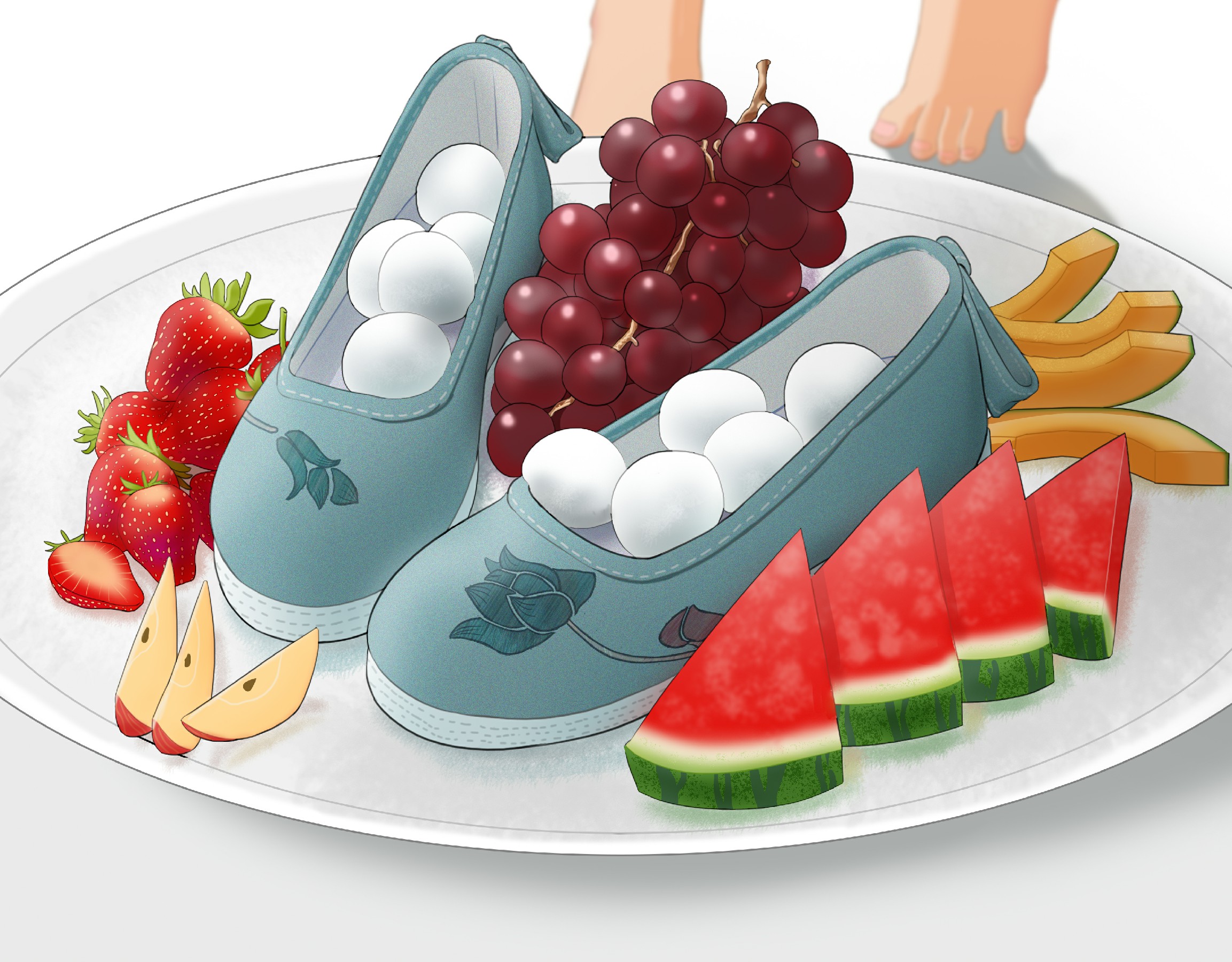 水果盘里的绣花鞋，创意混搭超吸睛