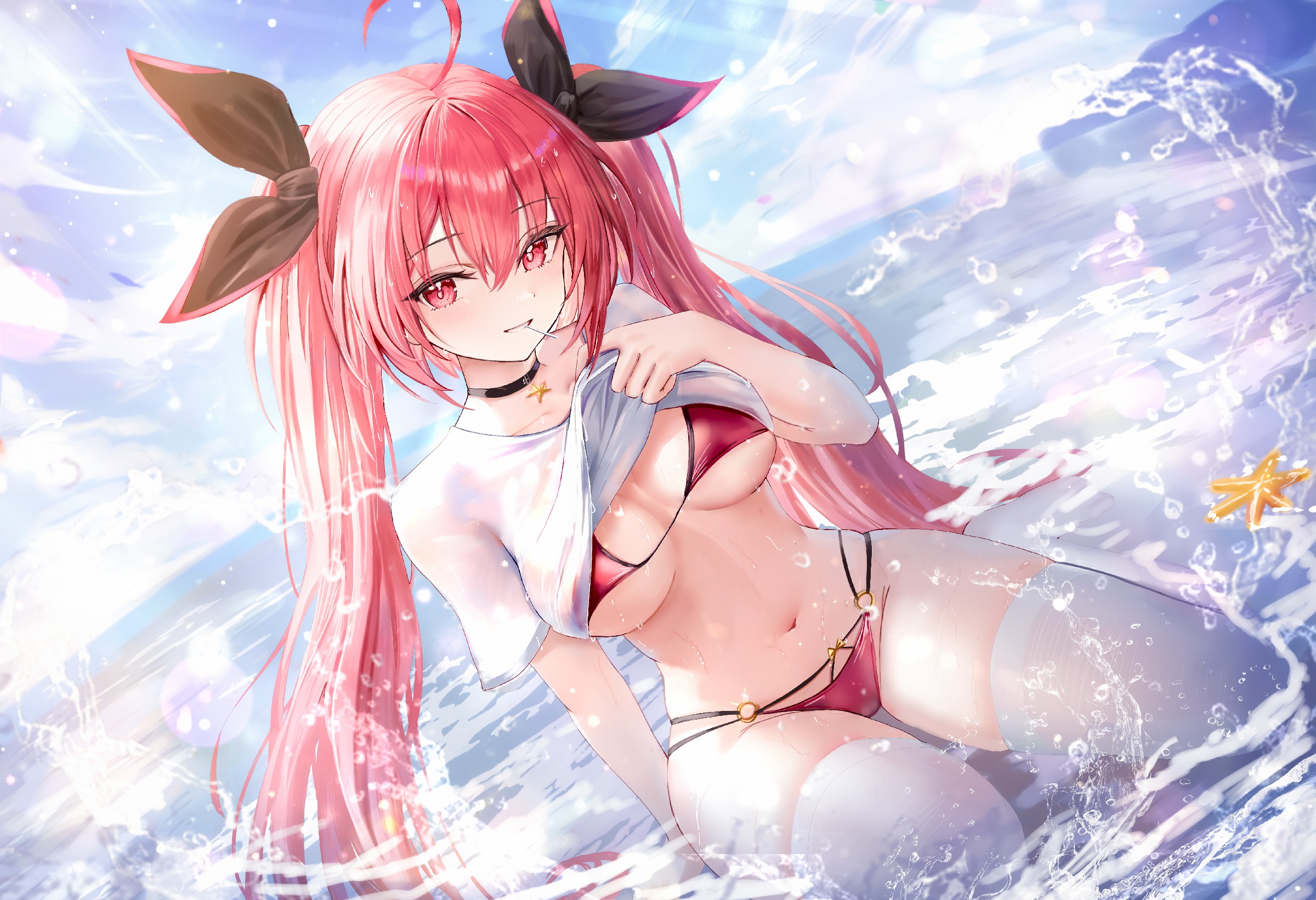 夏日泳装粉发双马尾美少女玩水