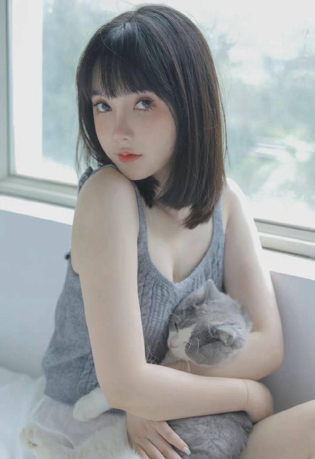 午后窗边少女与英短奶猫的温柔时刻