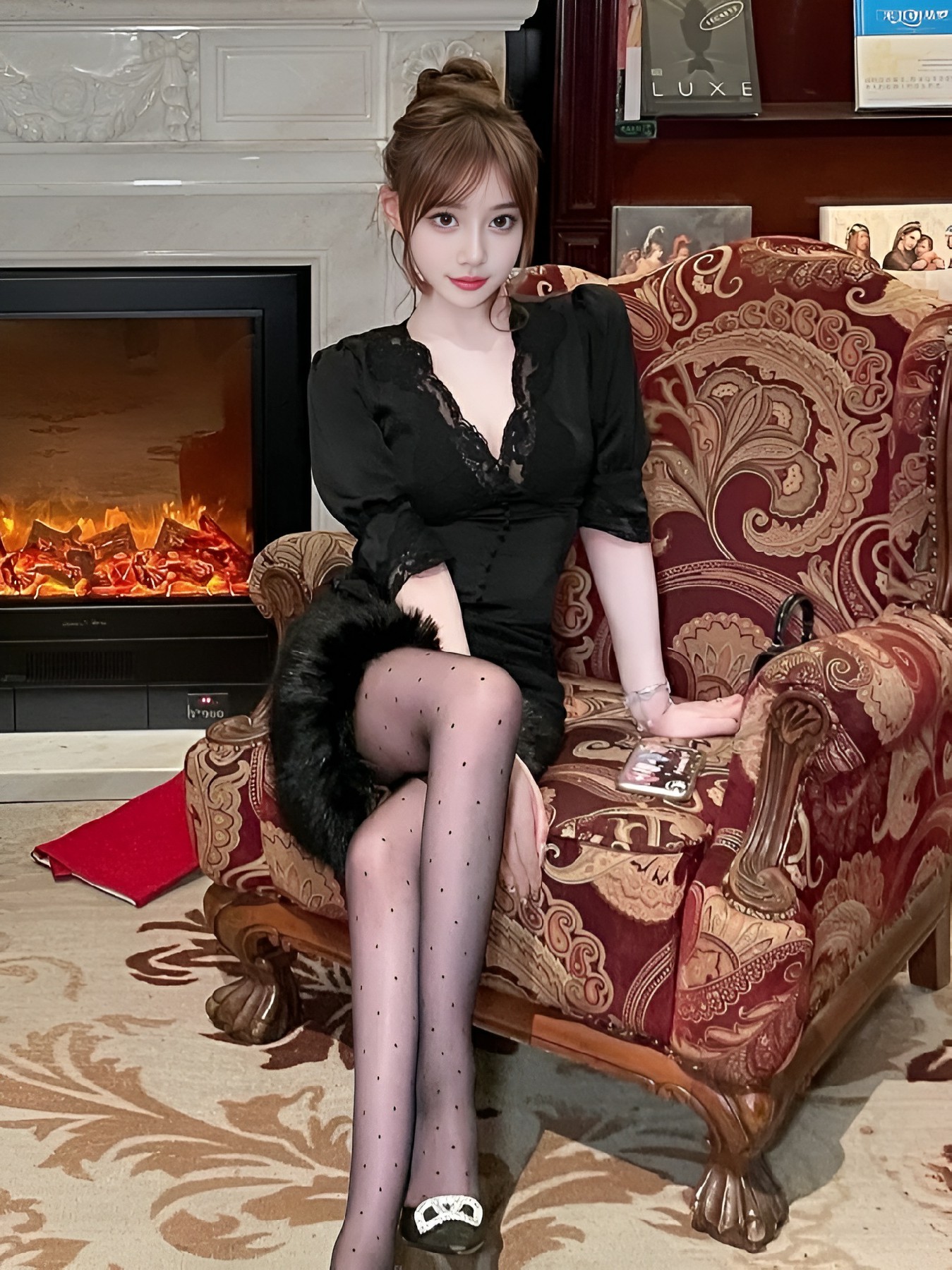 壁炉旁的黑蕾丝波点丝袜穿搭