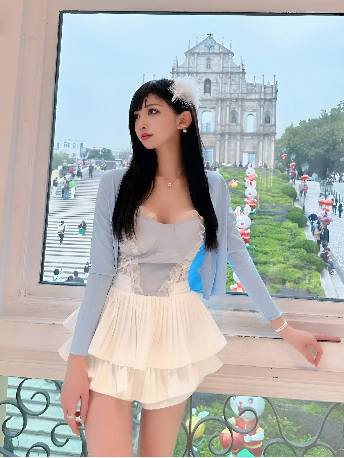 澳门大三巴前的甜系穿搭ootd