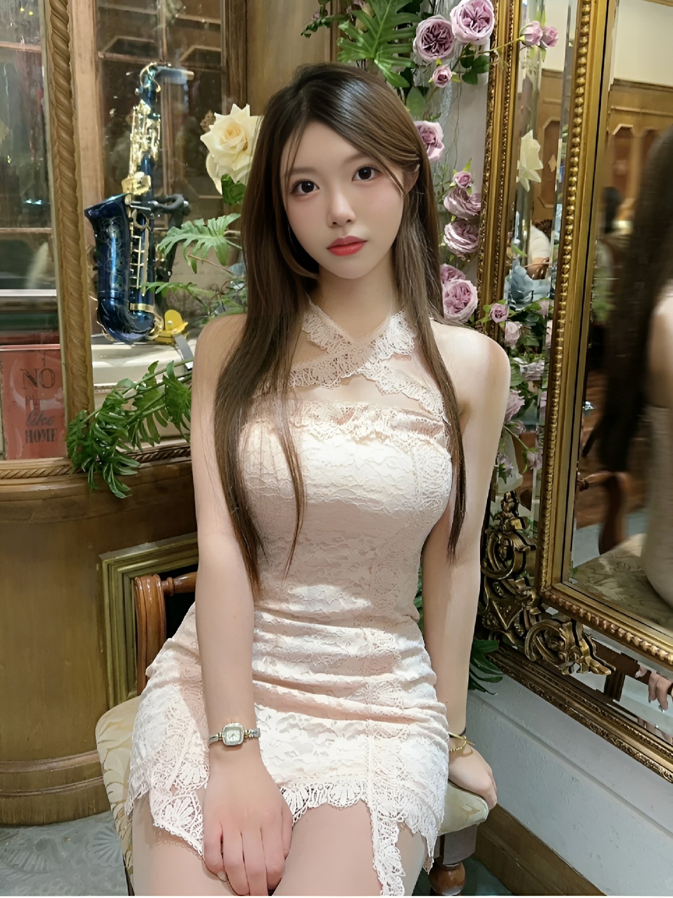 复古餐厅拍美照 蕾丝挂脖裙温柔又惊艳