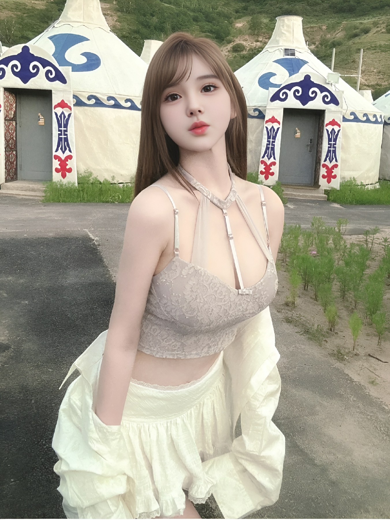 蒙古包前的清新辣妹氛围感穿搭